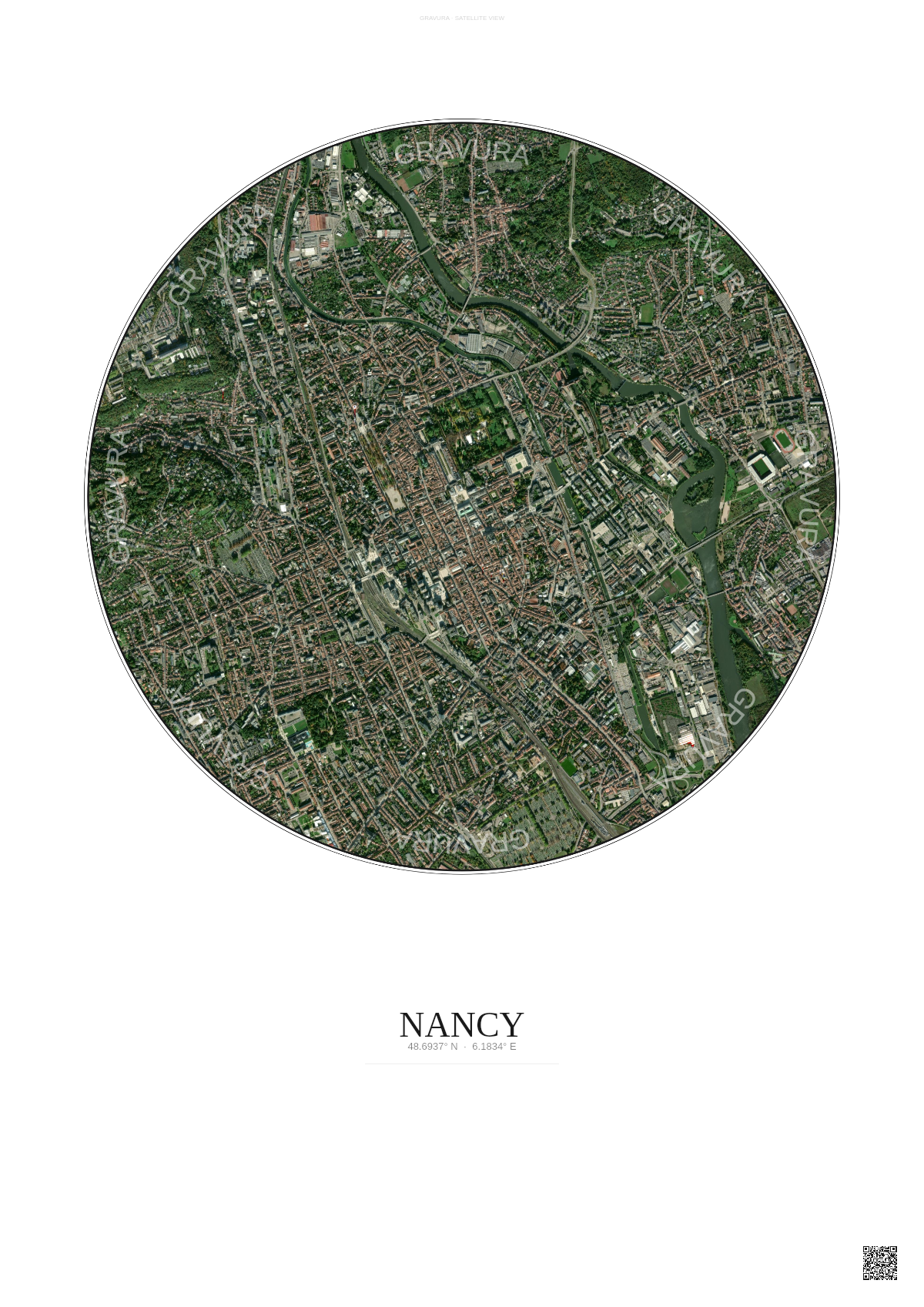 Affiche Nancy – Poster vue satellite | Gravura – Fond clair