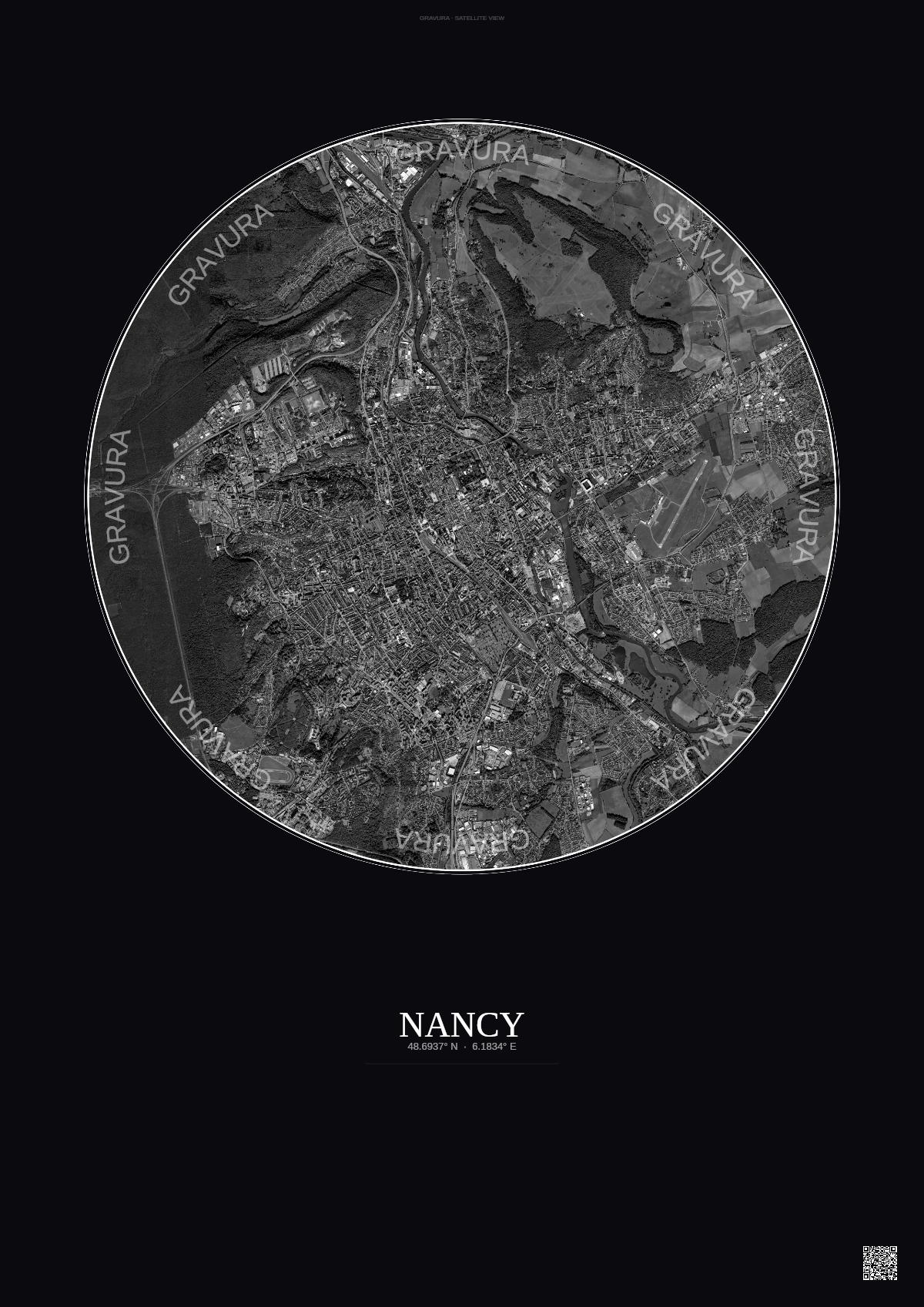 Affiche Nancy – Poster vue satellite | Gravura – Fond foncé