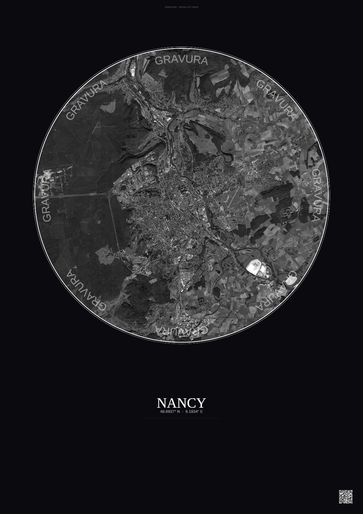 Affiche Nancy – Poster vue satellite | Gravura – Fond foncé