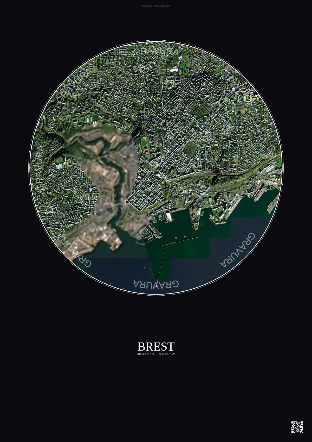 Affiche Brest – Poster vue satellite | Gravura – Fond foncé