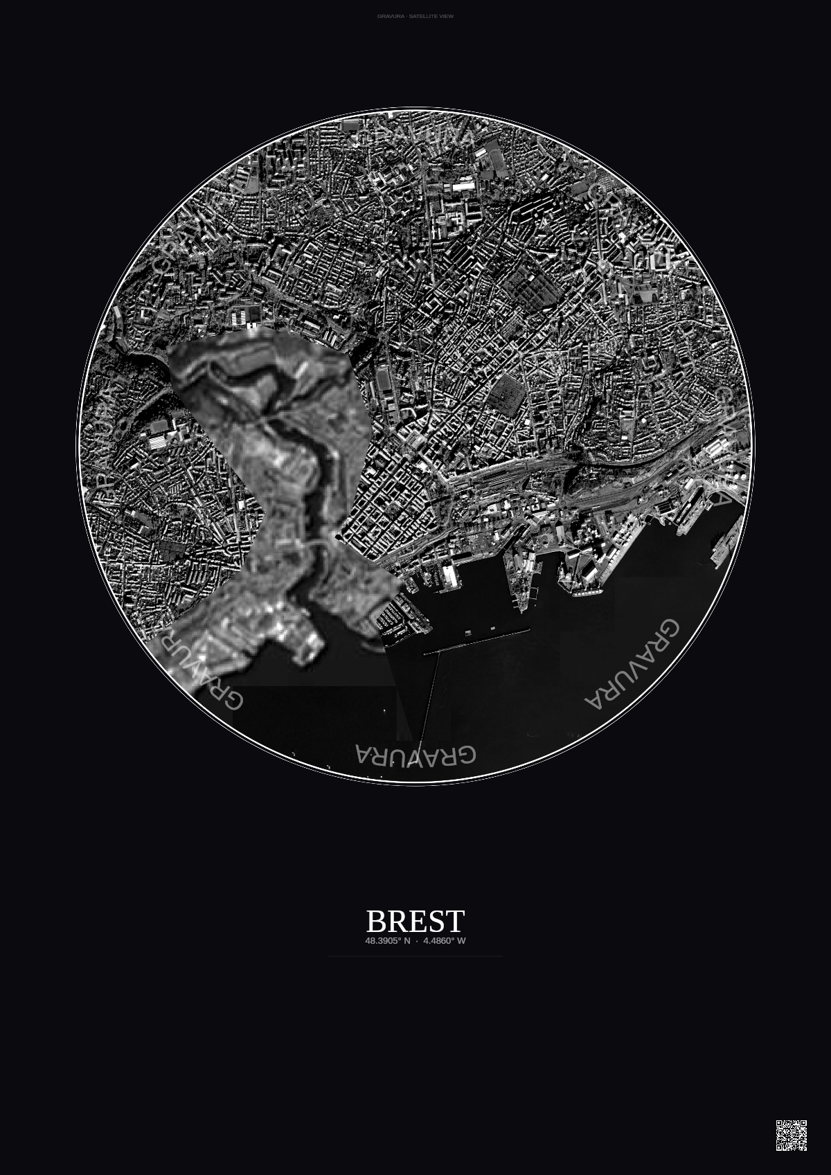 Affiche Brest – Poster vue satellite | Gravura – Fond foncé