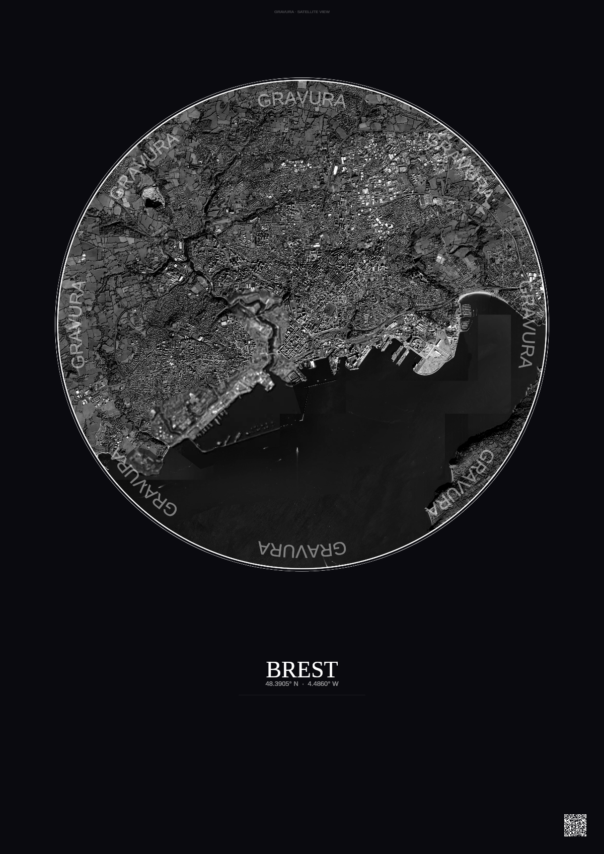 Affiche Brest – Poster vue satellite | Gravura – Fond foncé