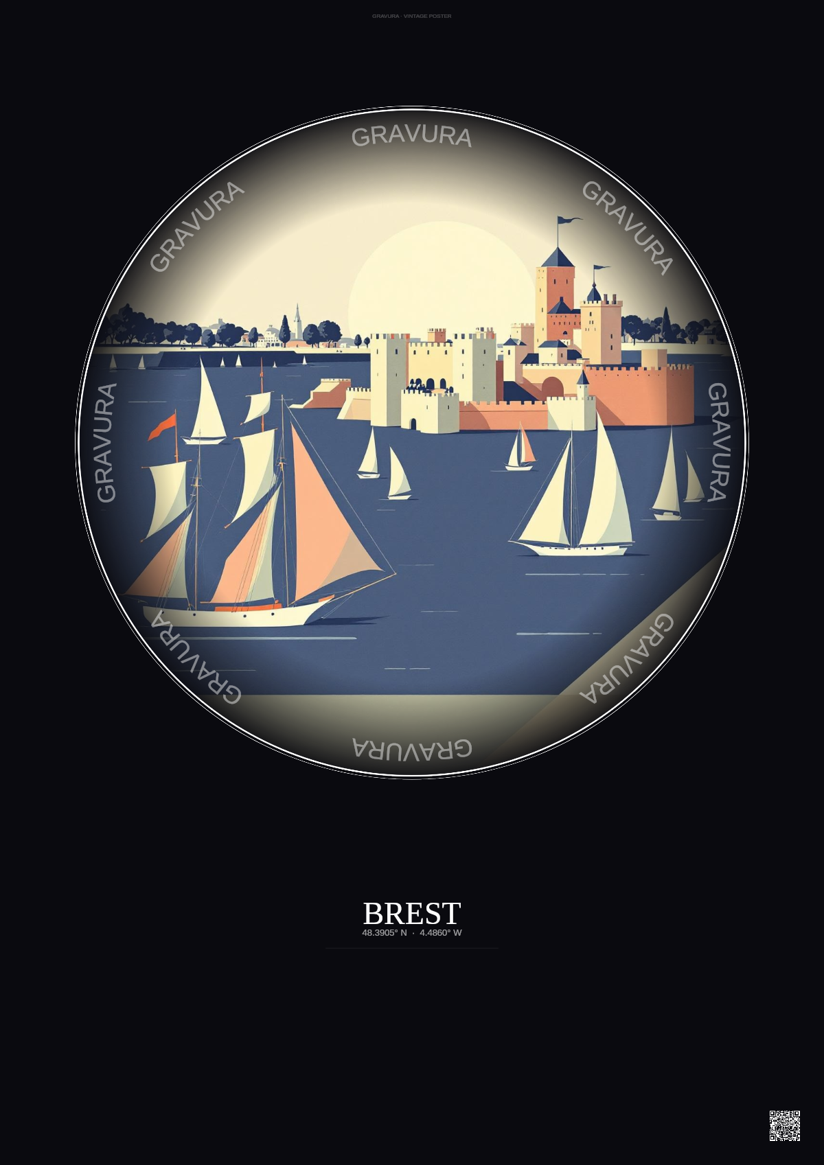 Affiche Brest – Poster illustration vintage – Brest | Gravura – Fond foncé