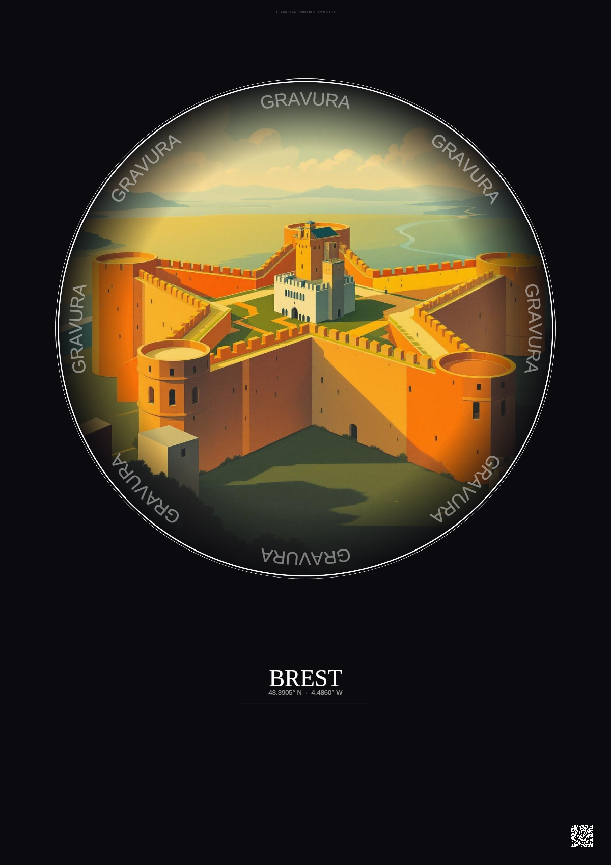 Affiche Brest – Poster illustration vintage – Brest Fortress | Gravura – Fond foncé