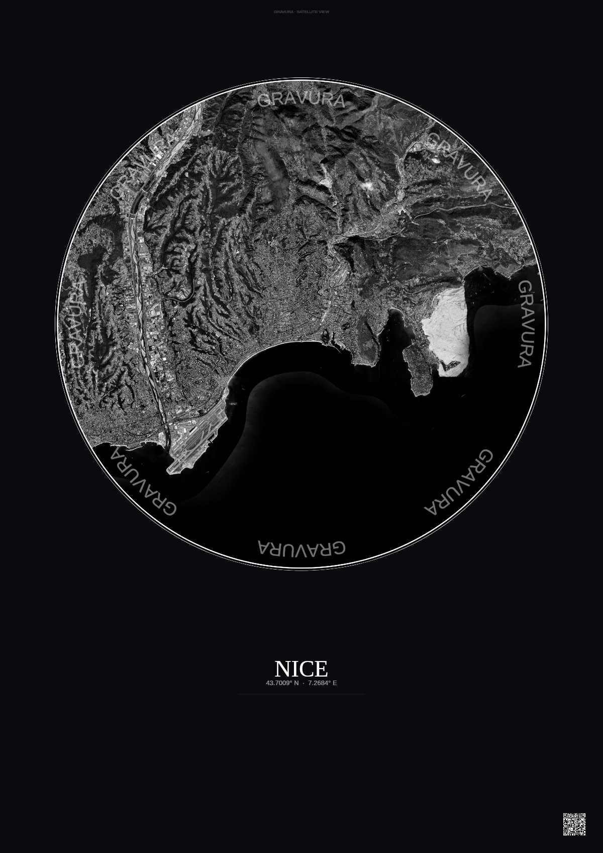 Affiche Nice – Poster vue satellite | Gravura – Fond foncé