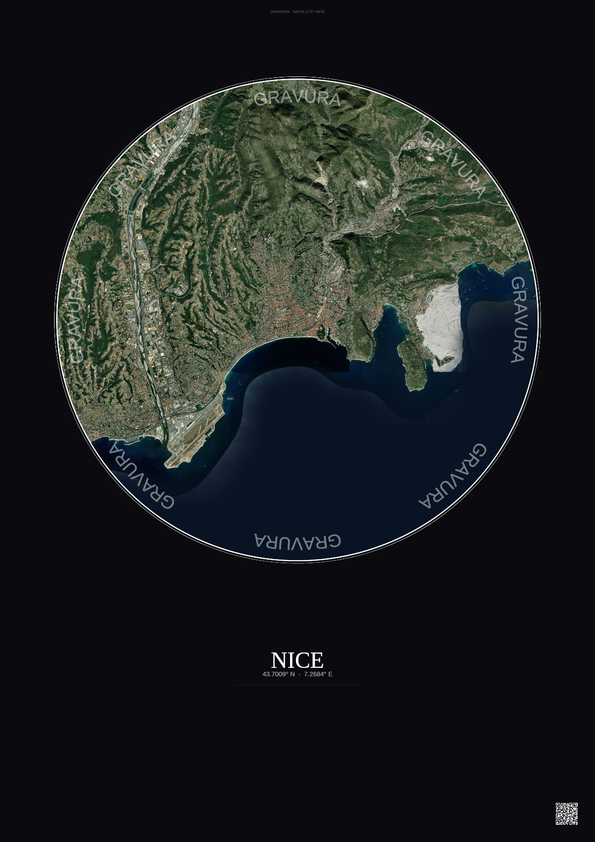 Affiche Nice – Poster vue satellite | Gravura – Fond foncé