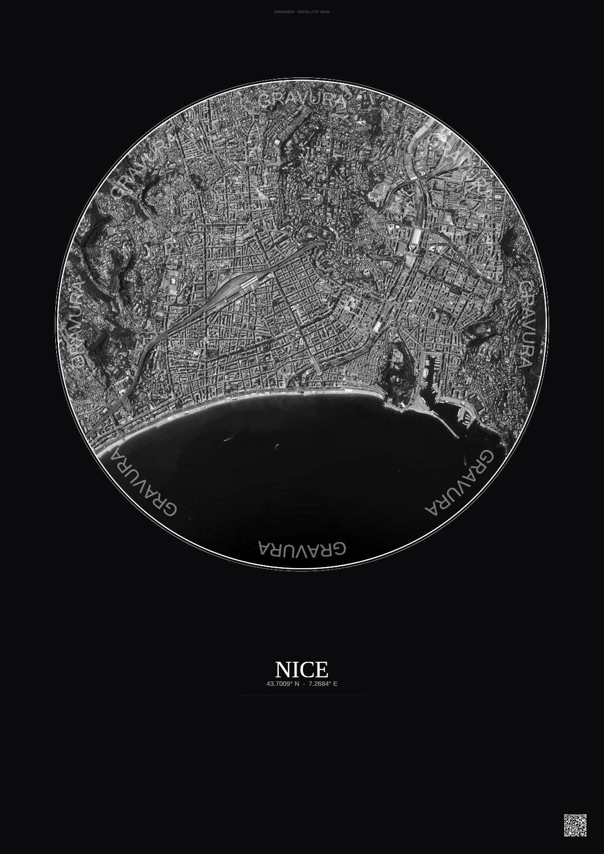 Affiche Nice – Poster vue satellite | Gravura – Fond foncé