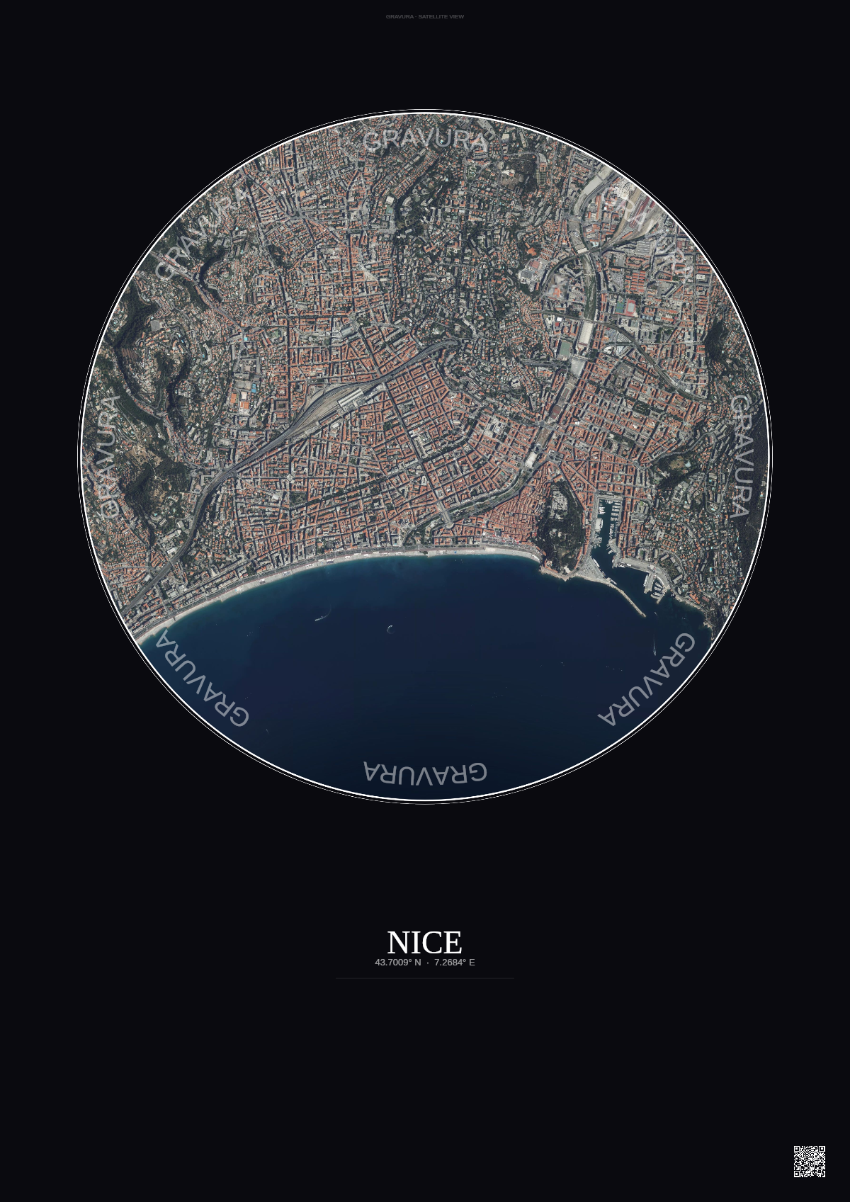 Affiche Nice – Poster vue satellite | Gravura – Fond foncé