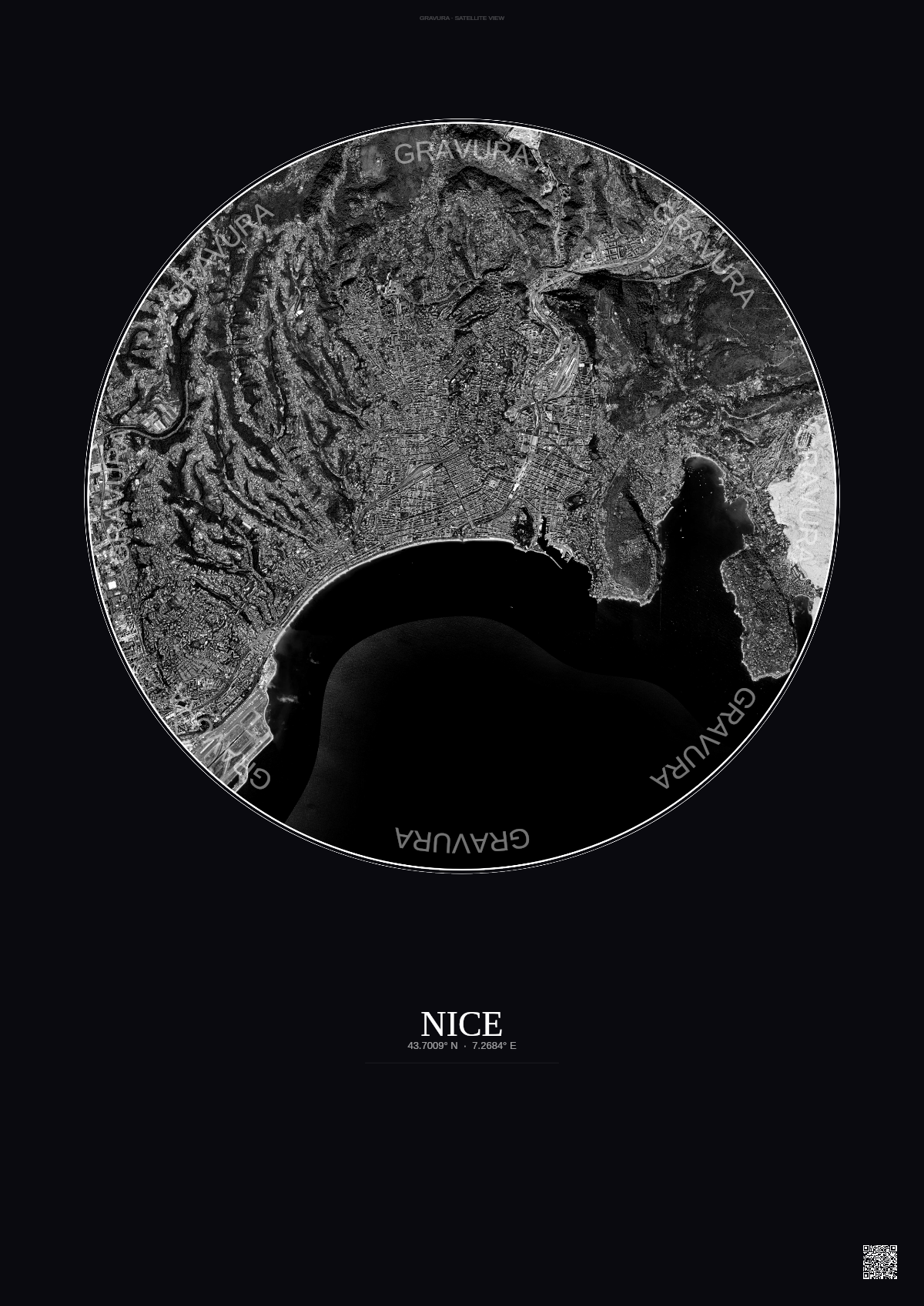 Affiche Nice – Poster vue satellite | Gravura – Fond foncé