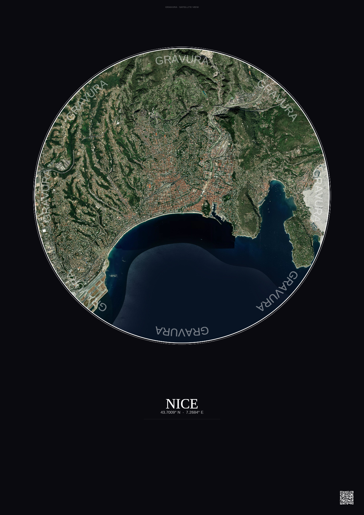 Affiche Nice – Poster vue satellite | Gravura – Fond foncé