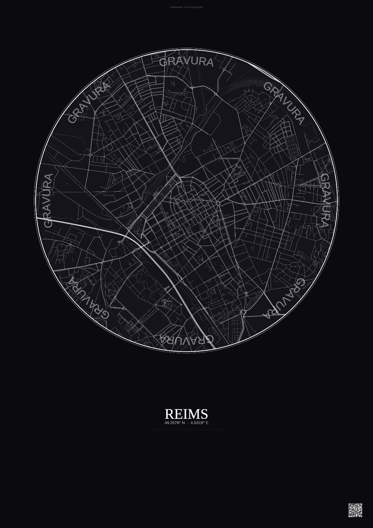 Affiche Reims – Poster carte de ville | Gravura – Fond foncé