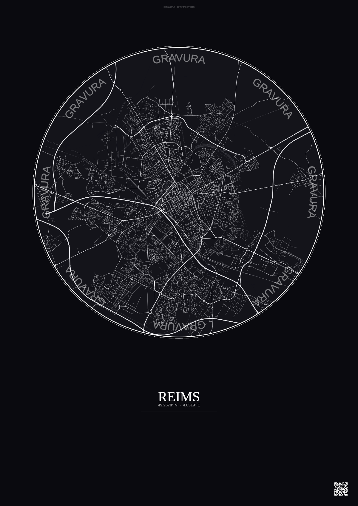 Affiche Reims – Poster carte de ville | Gravura – Fond foncé