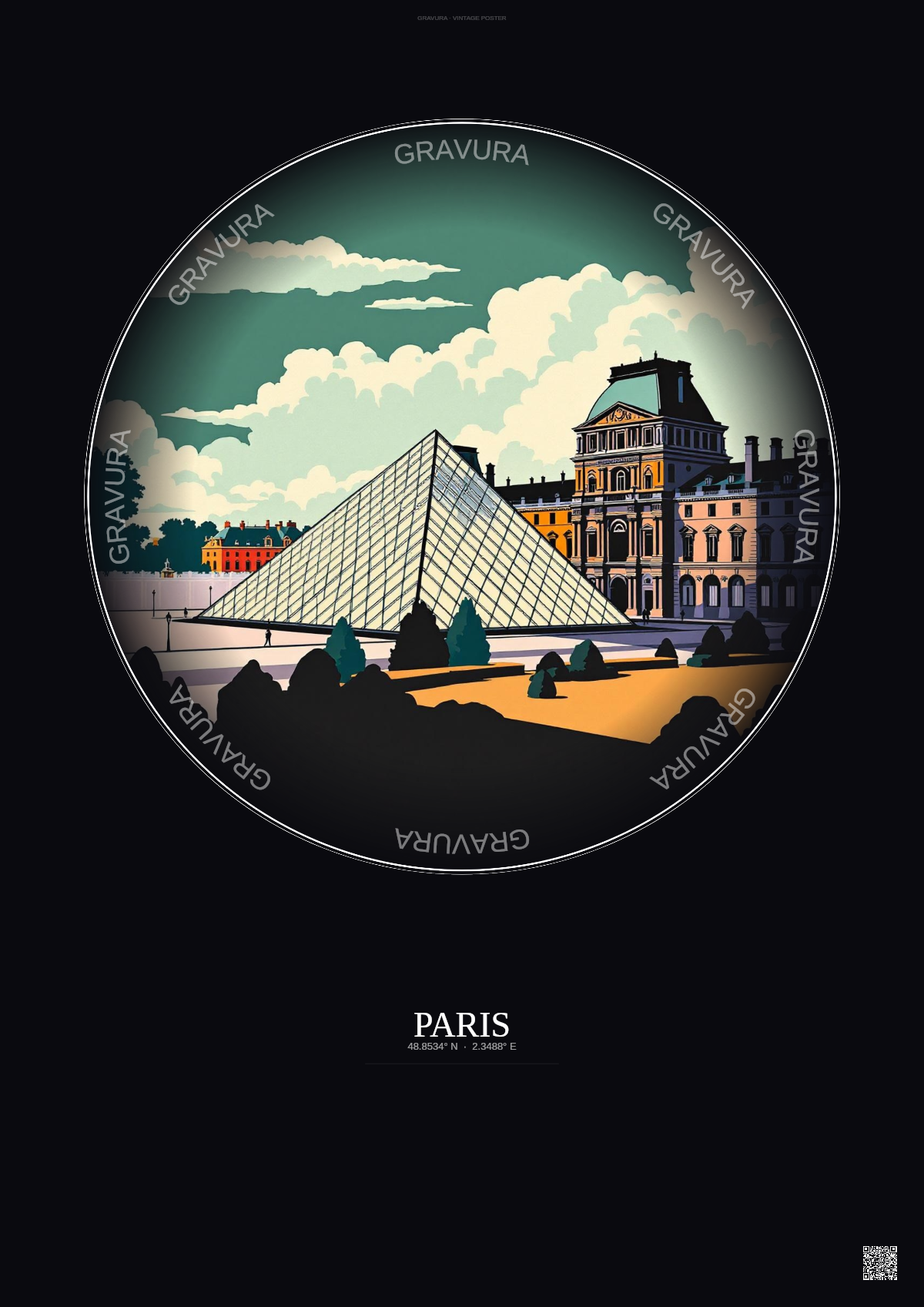 Affiche Paris – Poster illustration vintage – Louvre Museum | Gravura – Fond foncé