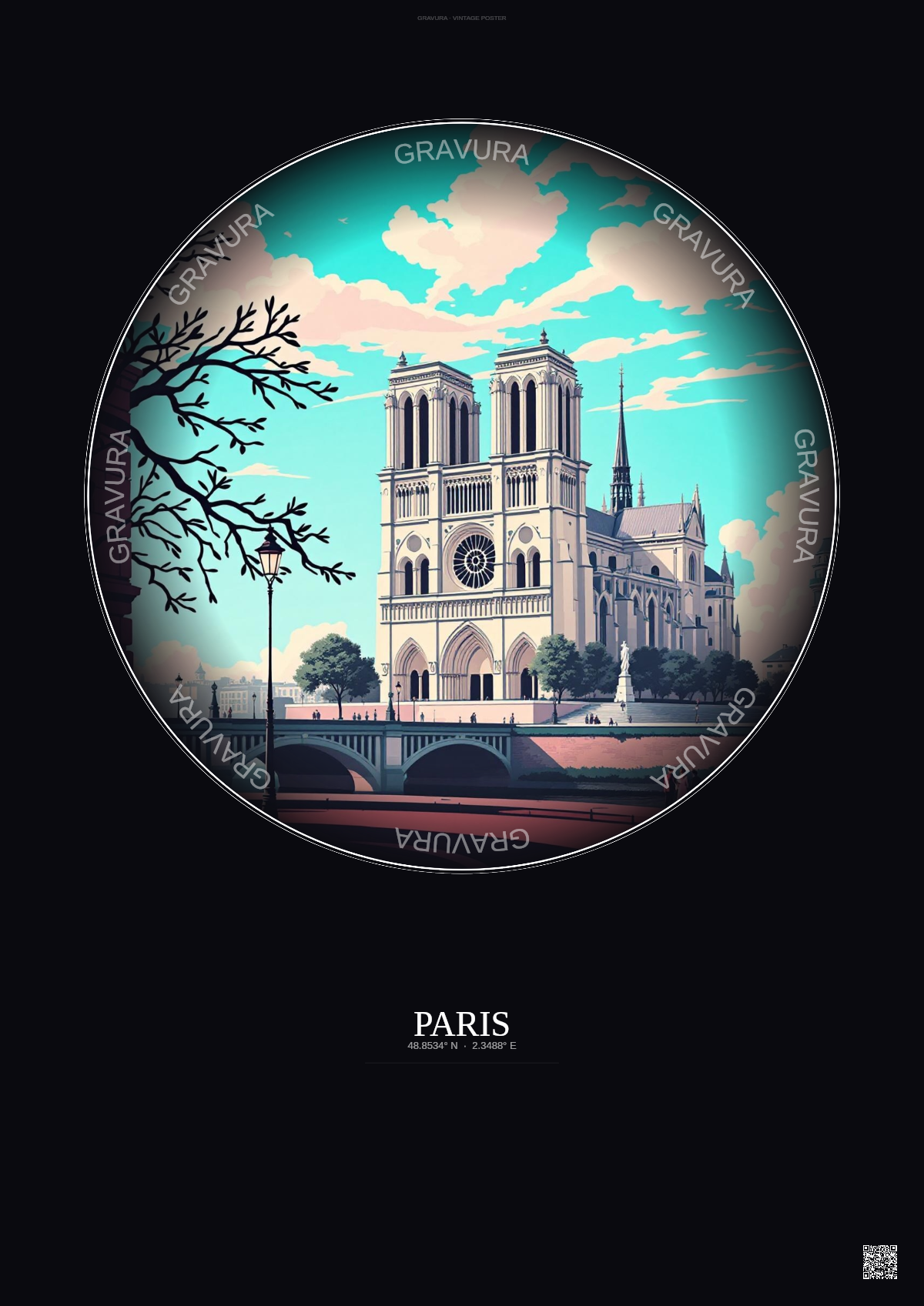 Affiche Paris – Poster illustration vintage – Notre Dame Cathedral | Gravura – Fond foncé