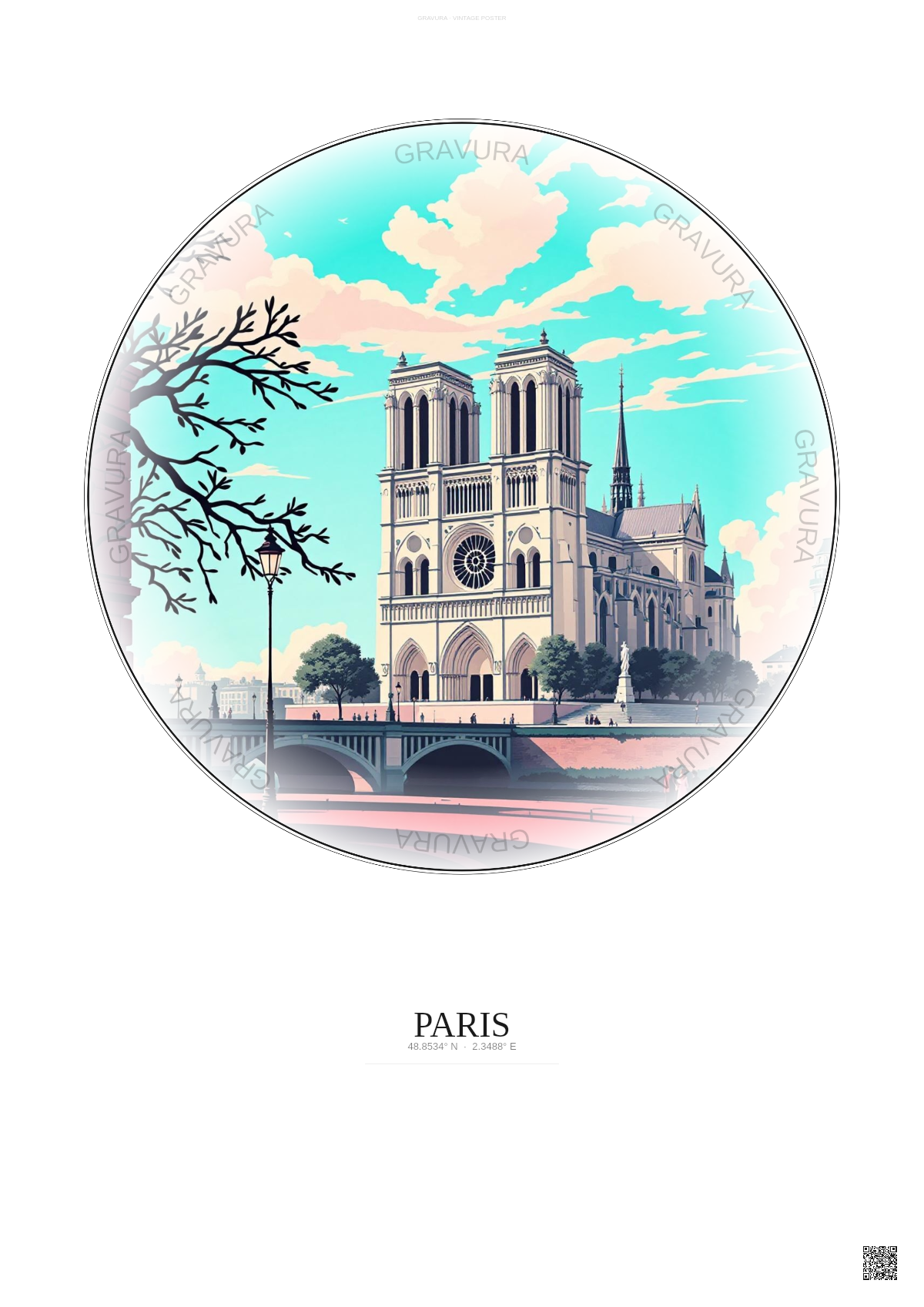 Affiche Paris – Poster illustration vintage – Notre Dame Cathedral | Gravura – Fond clair