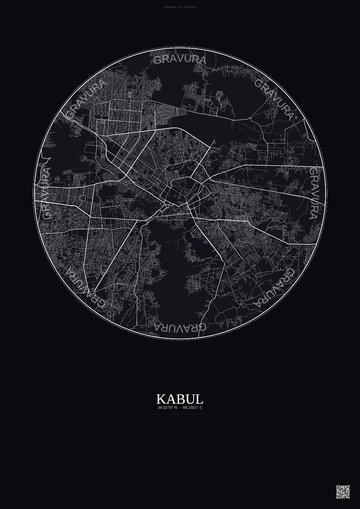 Affiche Kabul – Poster carte de ville | Gravura – Fond foncé