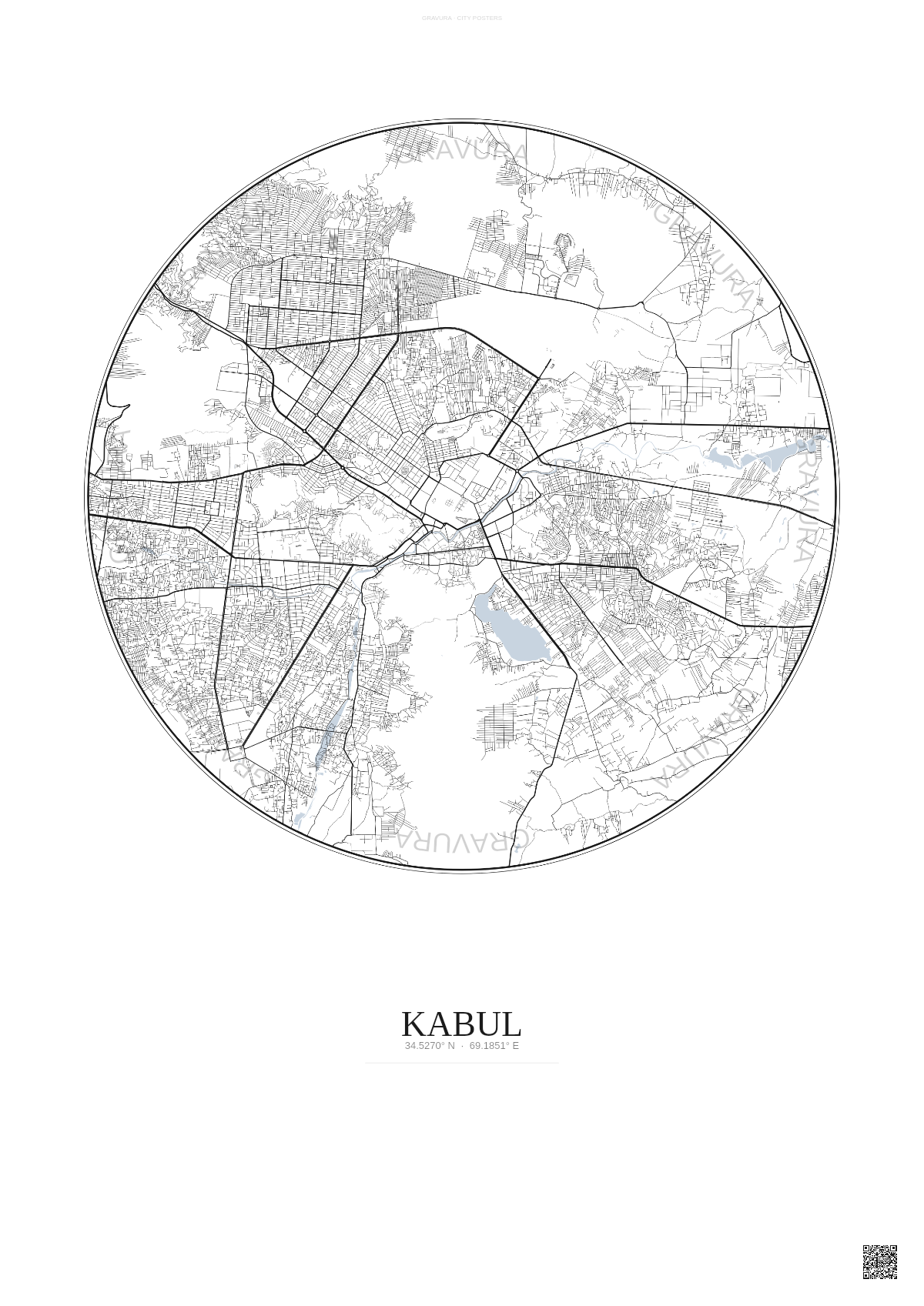 Affiche Kabul – Poster carte de ville | Gravura – Fond clair