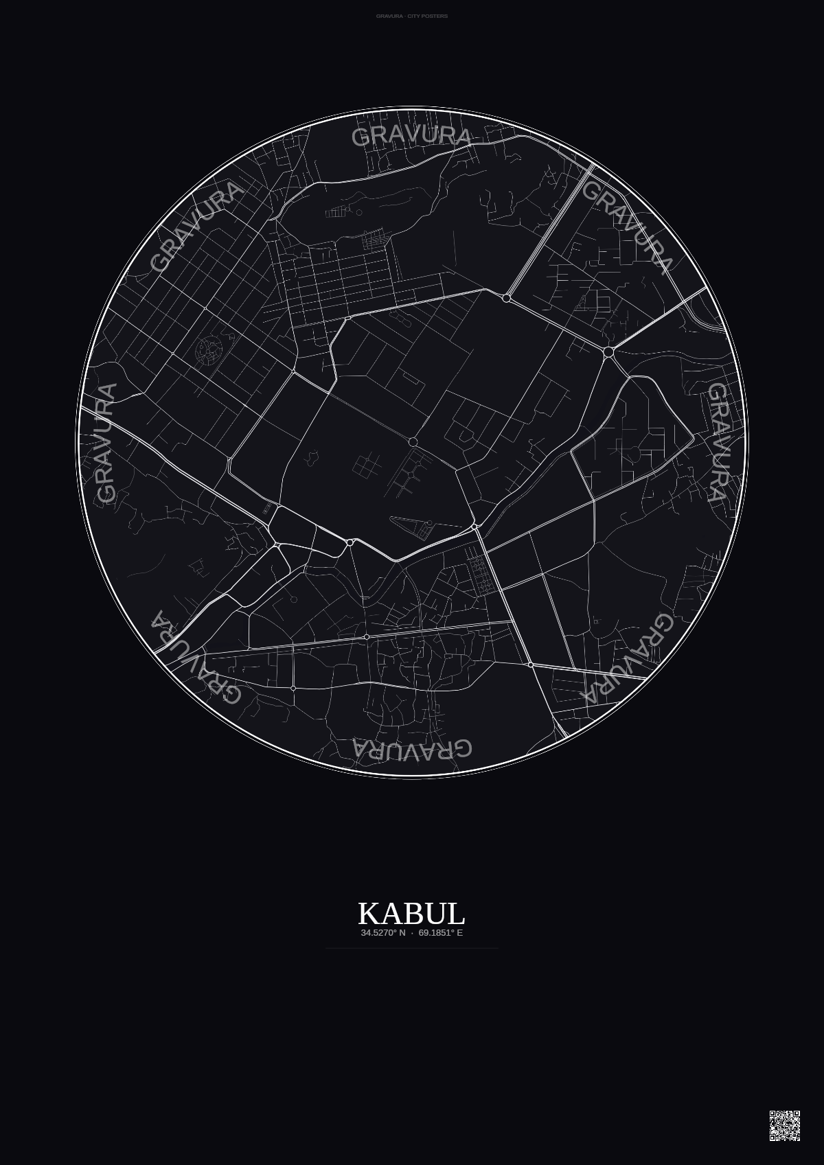 Affiche Kabul – Poster carte de ville | Gravura – Fond foncé