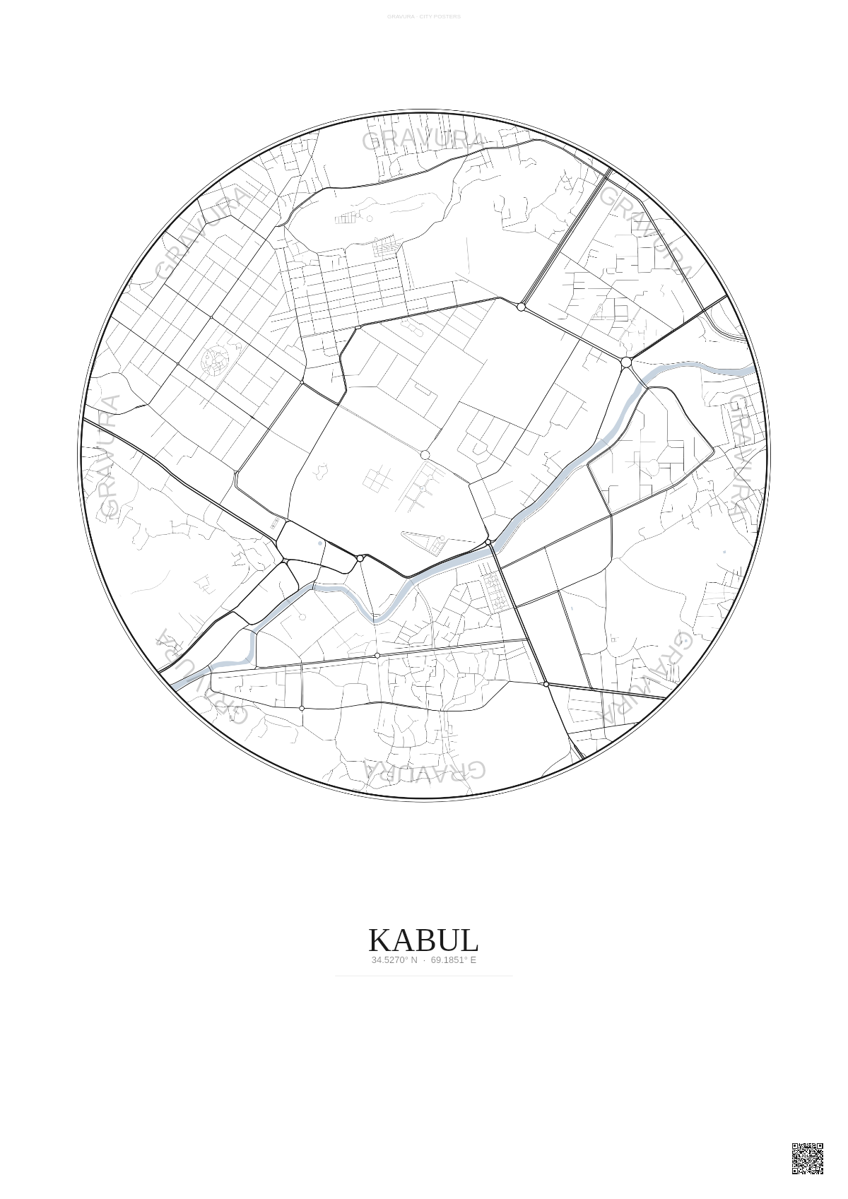 Affiche Kabul – Poster carte de ville | Gravura – Fond clair