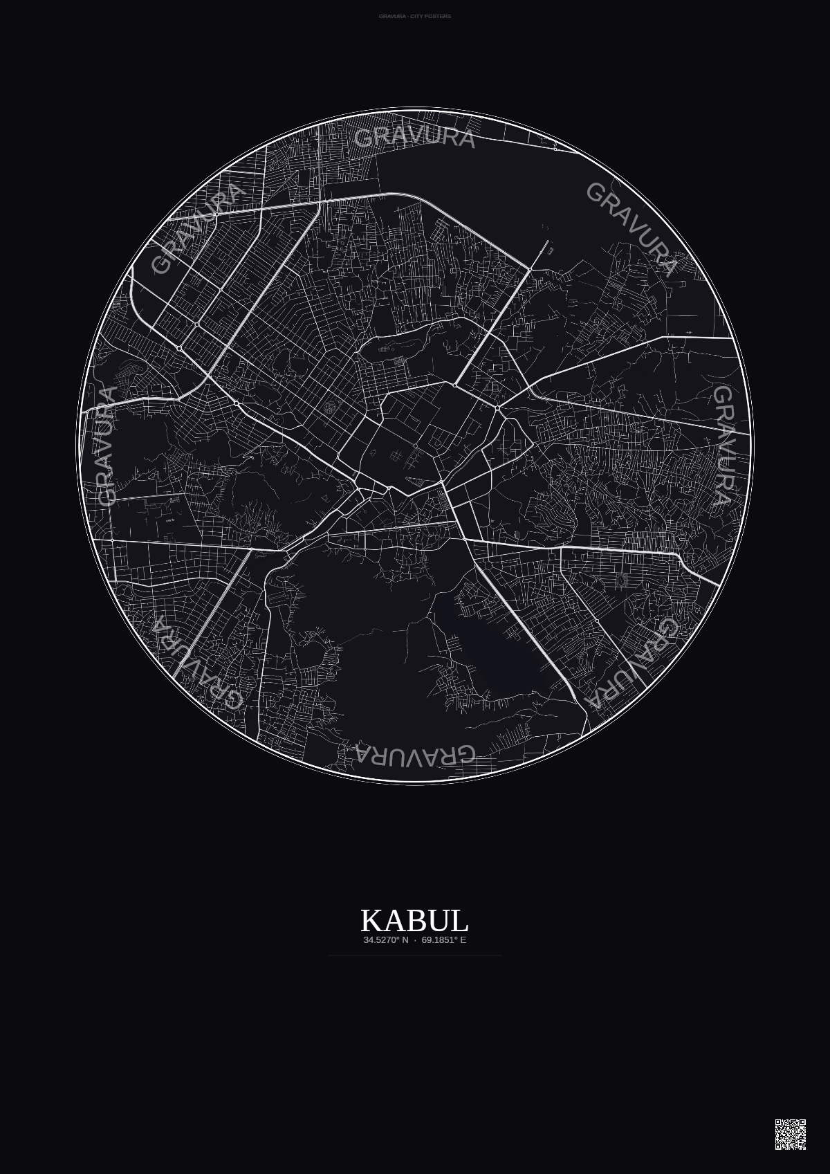 Affiche Kabul – Poster carte de ville | Gravura – Fond foncé