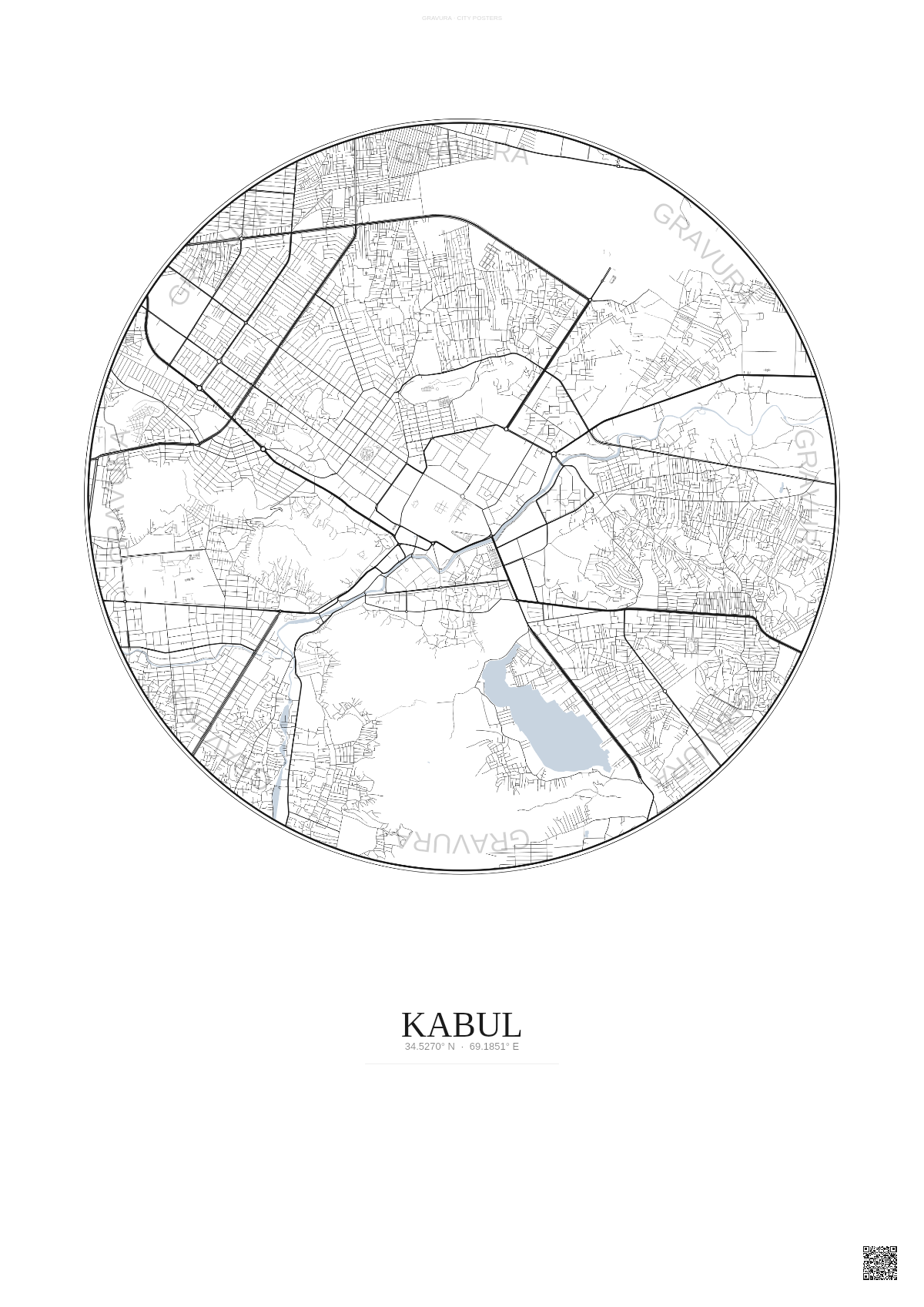 Affiche Kabul – Poster carte de ville | Gravura – Fond clair