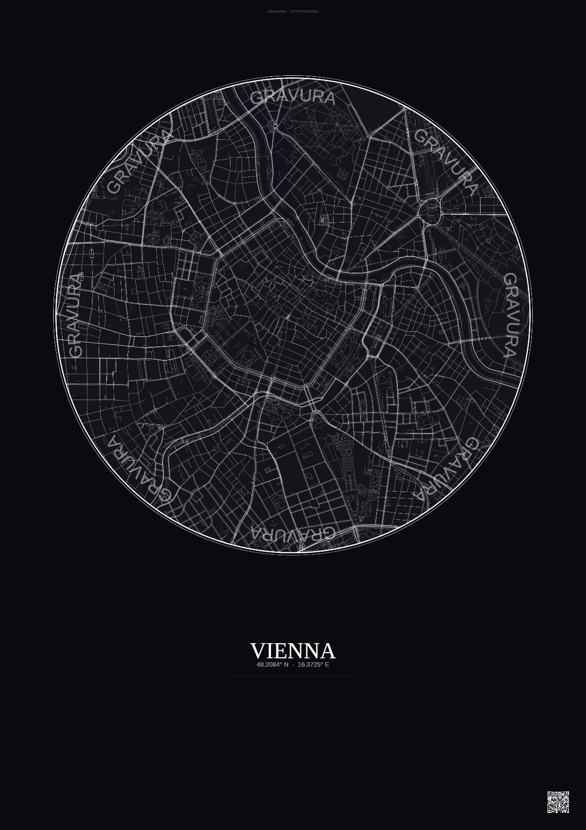 Affiche Vienna – Poster carte de ville | Gravura – Fond foncé