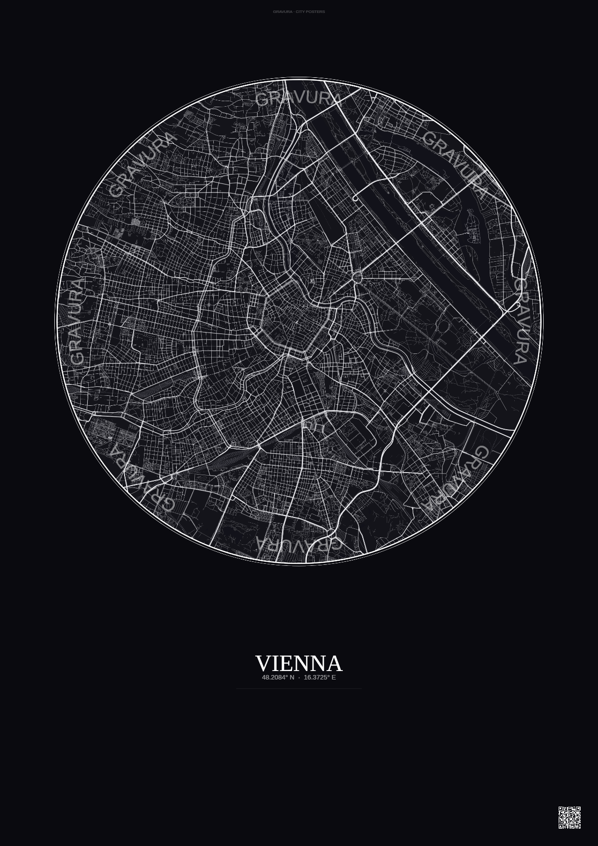 Affiche Vienna – Poster carte de ville | Gravura – Fond foncé