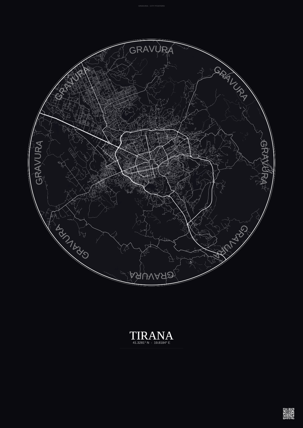 Affiche Tirana – Poster carte de ville | Gravura – Fond foncé