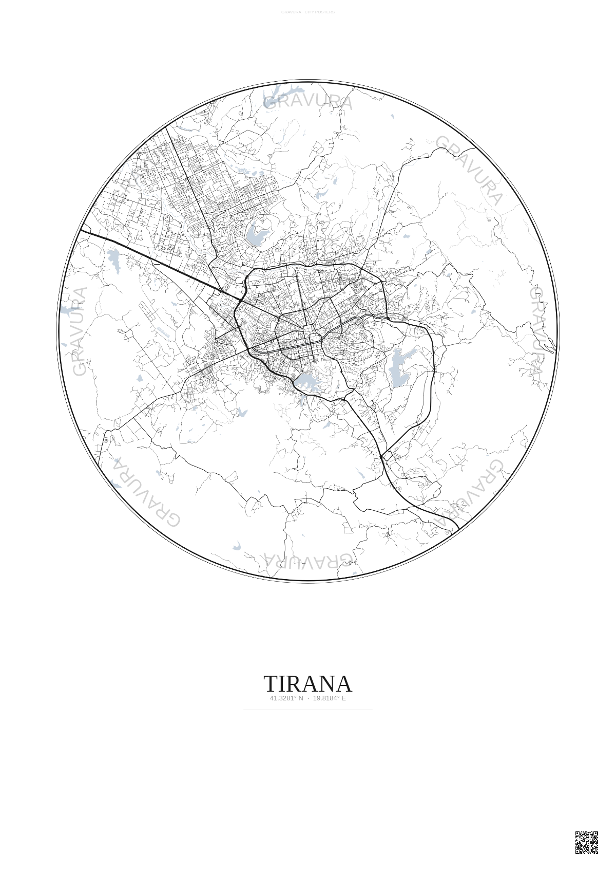Affiche Tirana – Poster carte de ville | Gravura – Fond clair