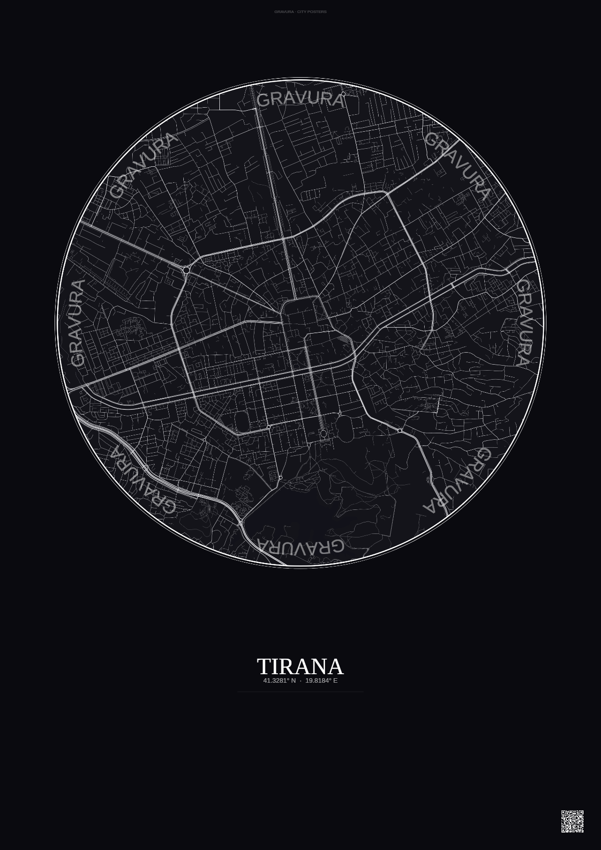 Affiche Tirana – Poster carte de ville | Gravura – Fond foncé