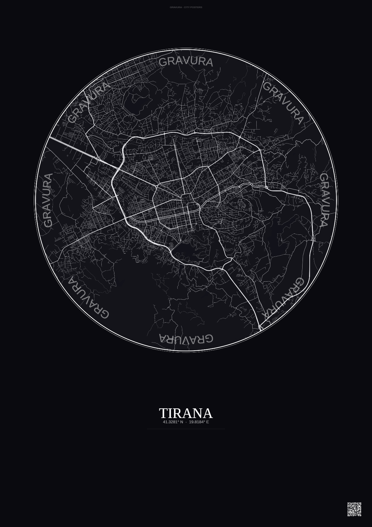 Affiche Tirana – Poster carte de ville | Gravura – Fond foncé