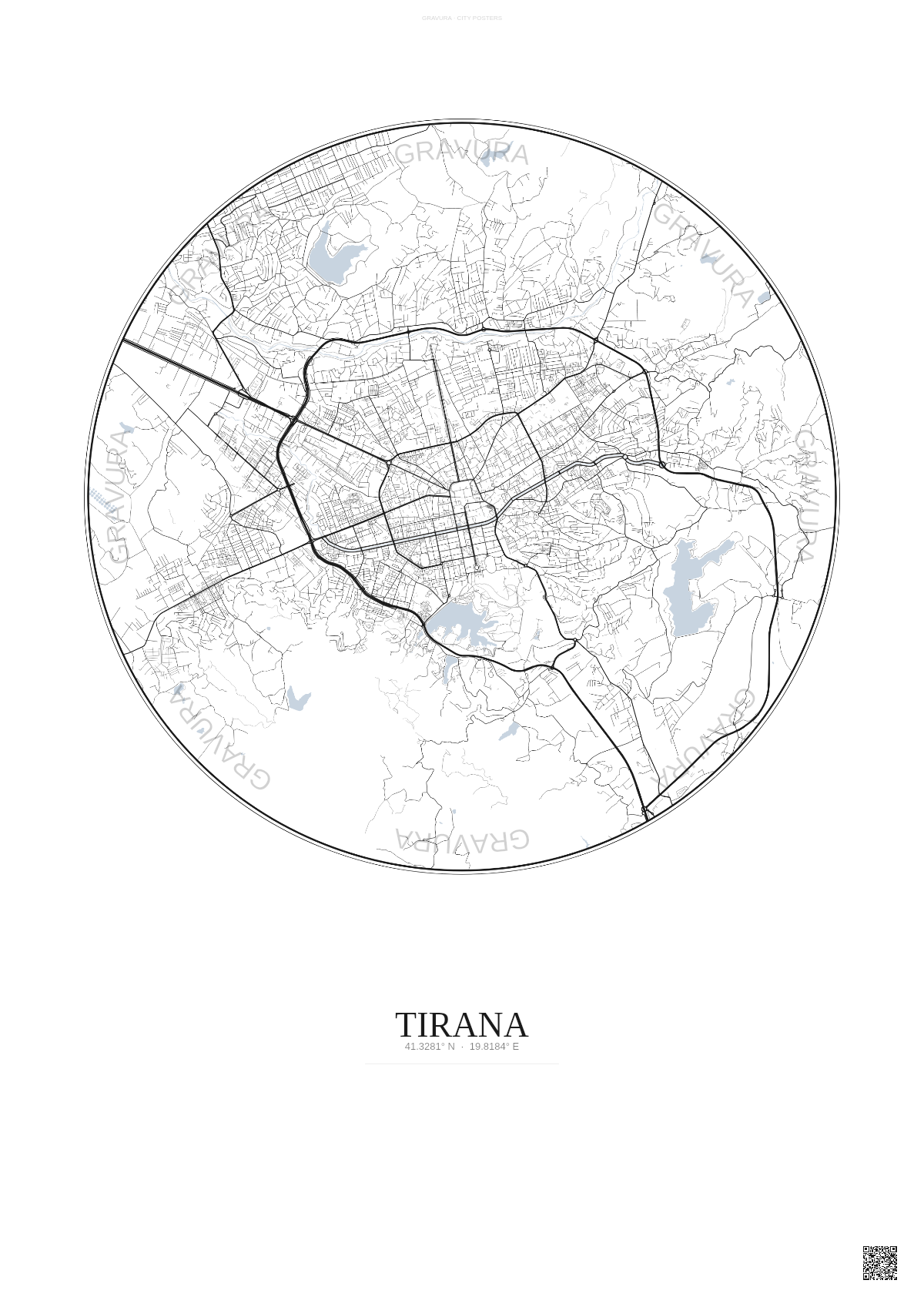 Affiche Tirana – Poster carte de ville | Gravura – Fond clair