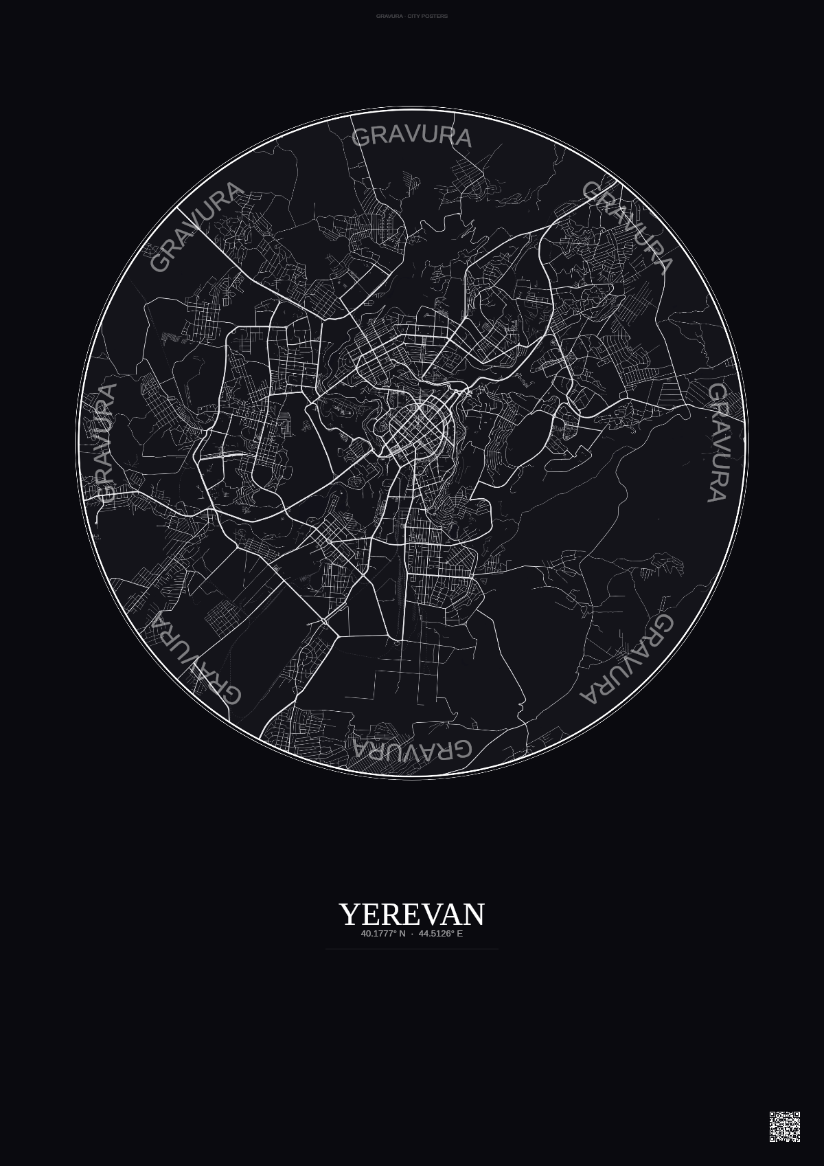 Affiche Yerevan – Poster carte de ville | Gravura – Fond foncé
