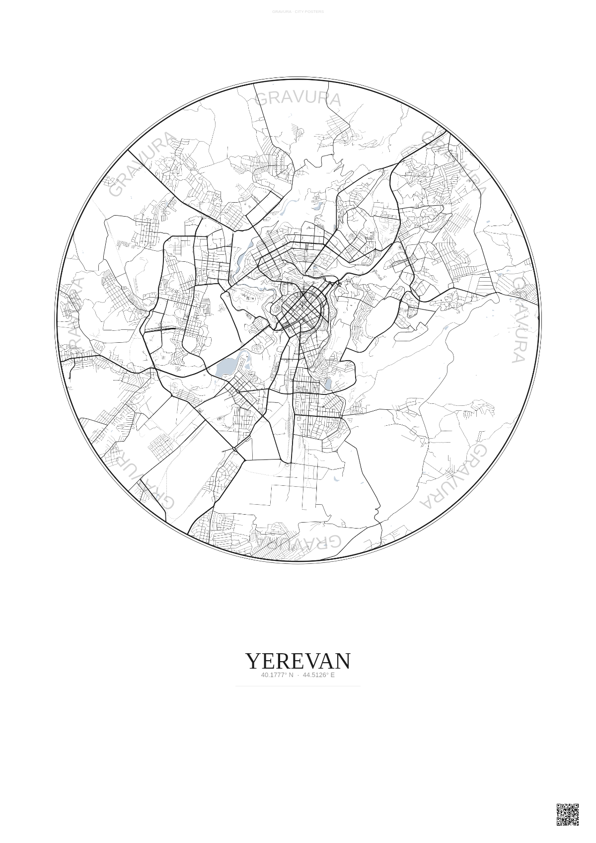 Affiche Yerevan – Poster carte de ville | Gravura – Fond clair