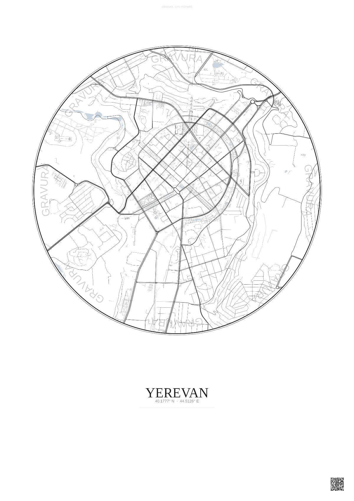 Affiche Yerevan – Poster carte de ville | Gravura – Fond clair