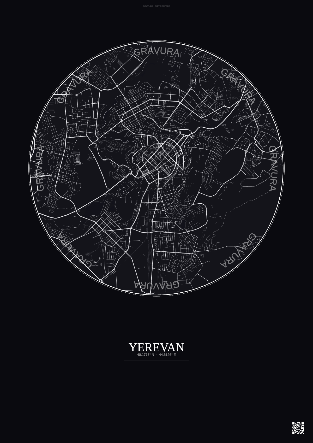 Affiche Yerevan – Poster carte de ville | Gravura – Fond foncé
