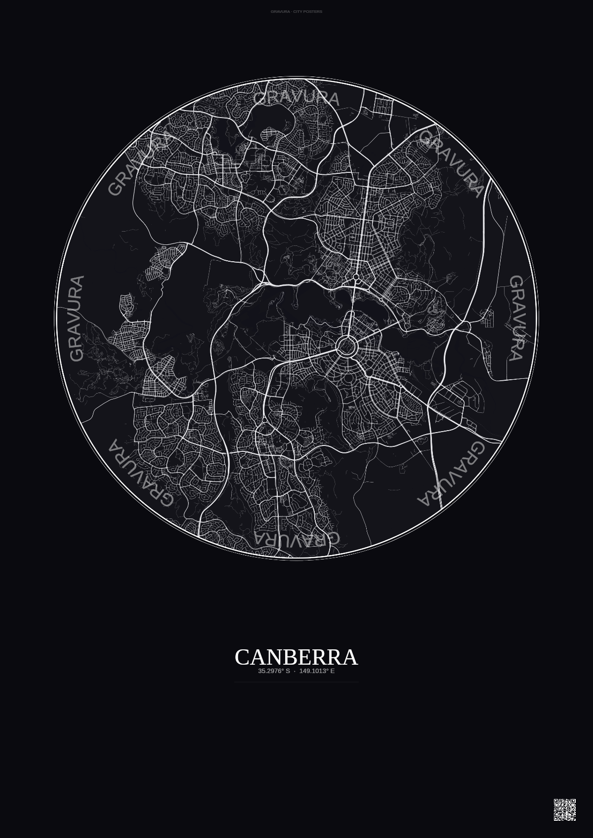 Affiche Canberra – Poster carte de ville | Gravura – Fond foncé