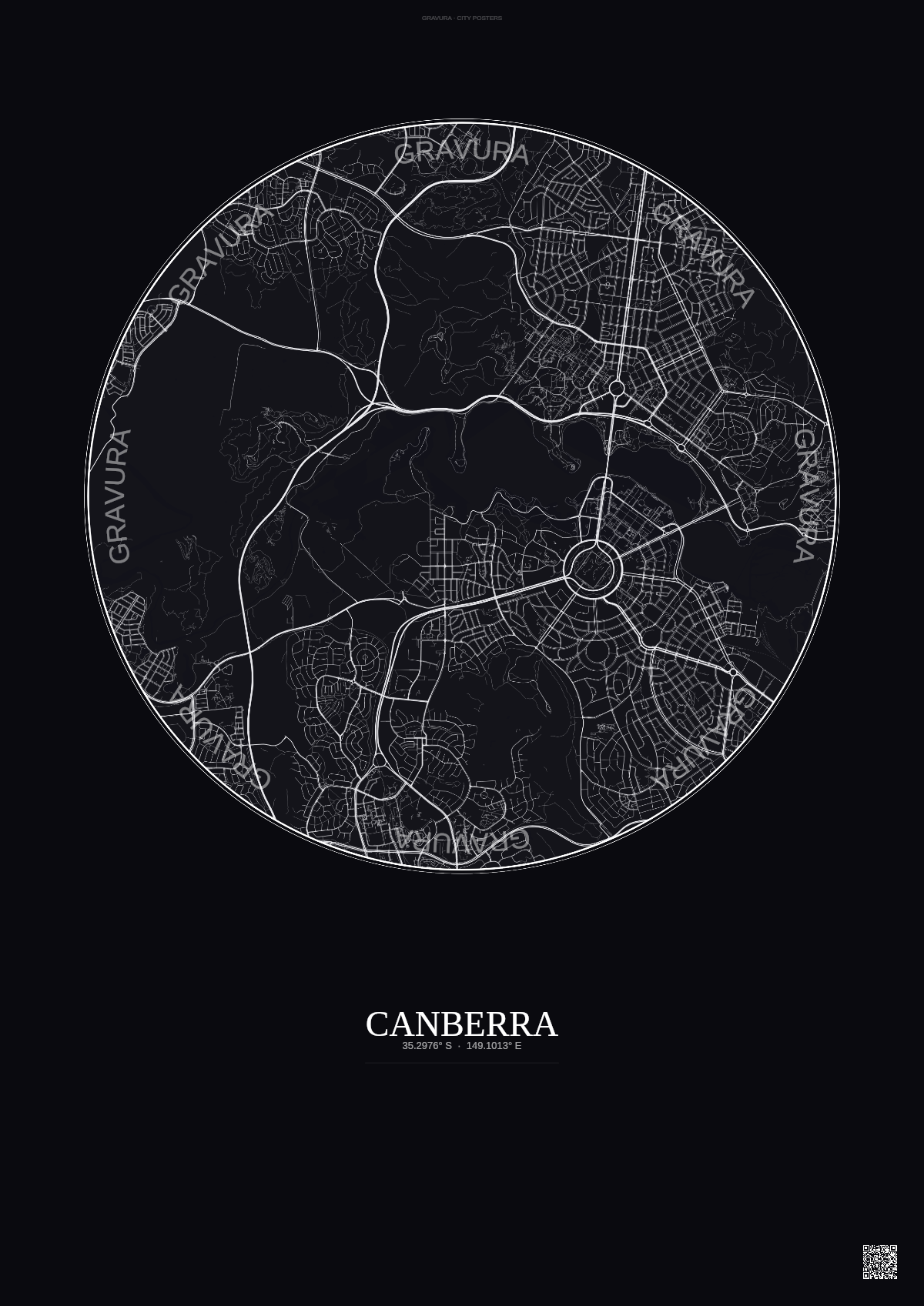 Affiche Canberra – Poster carte de ville | Gravura – Fond foncé