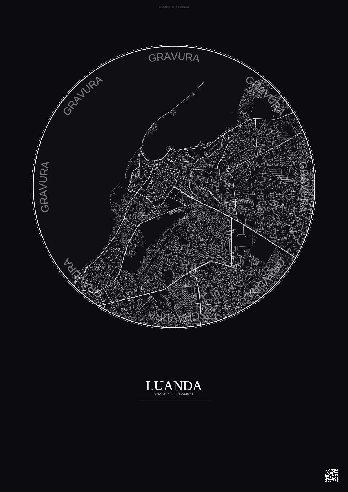 Affiche Luanda – Poster carte de ville | Gravura – Fond foncé