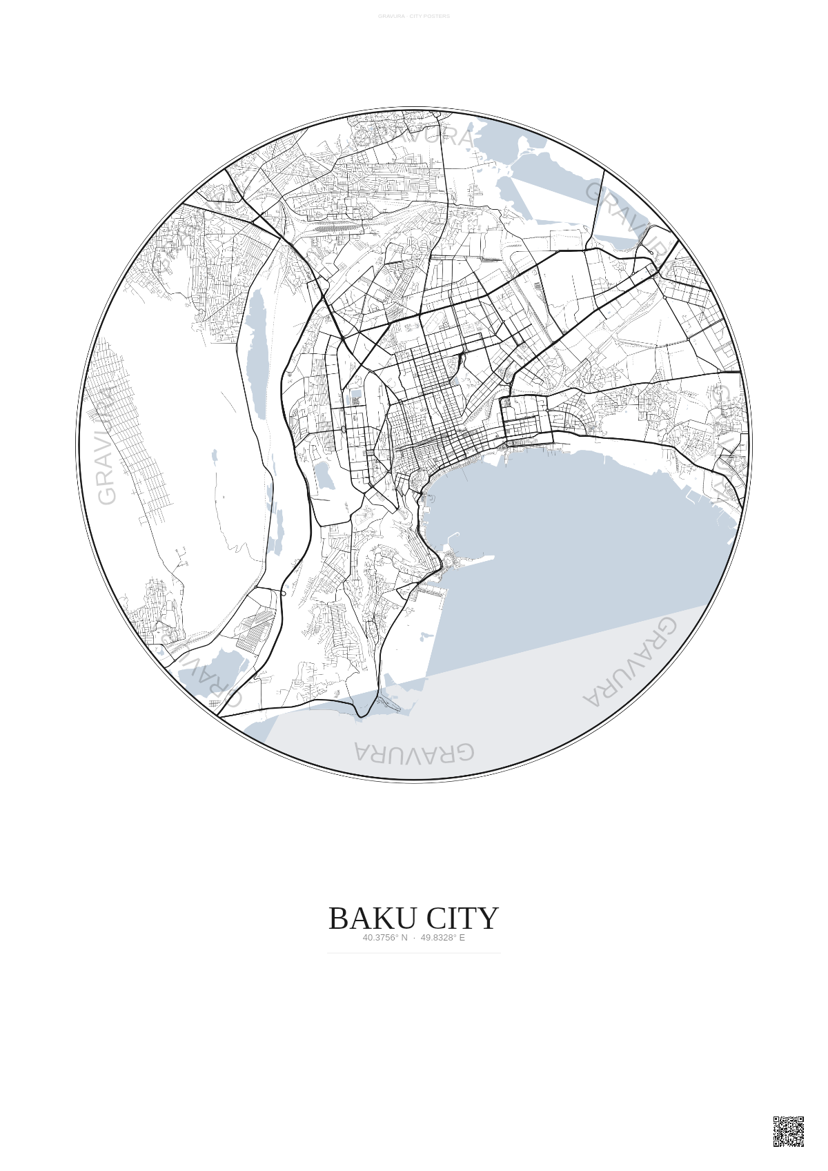 Affiche Baku City – Poster carte de ville | Gravura – Fond clair