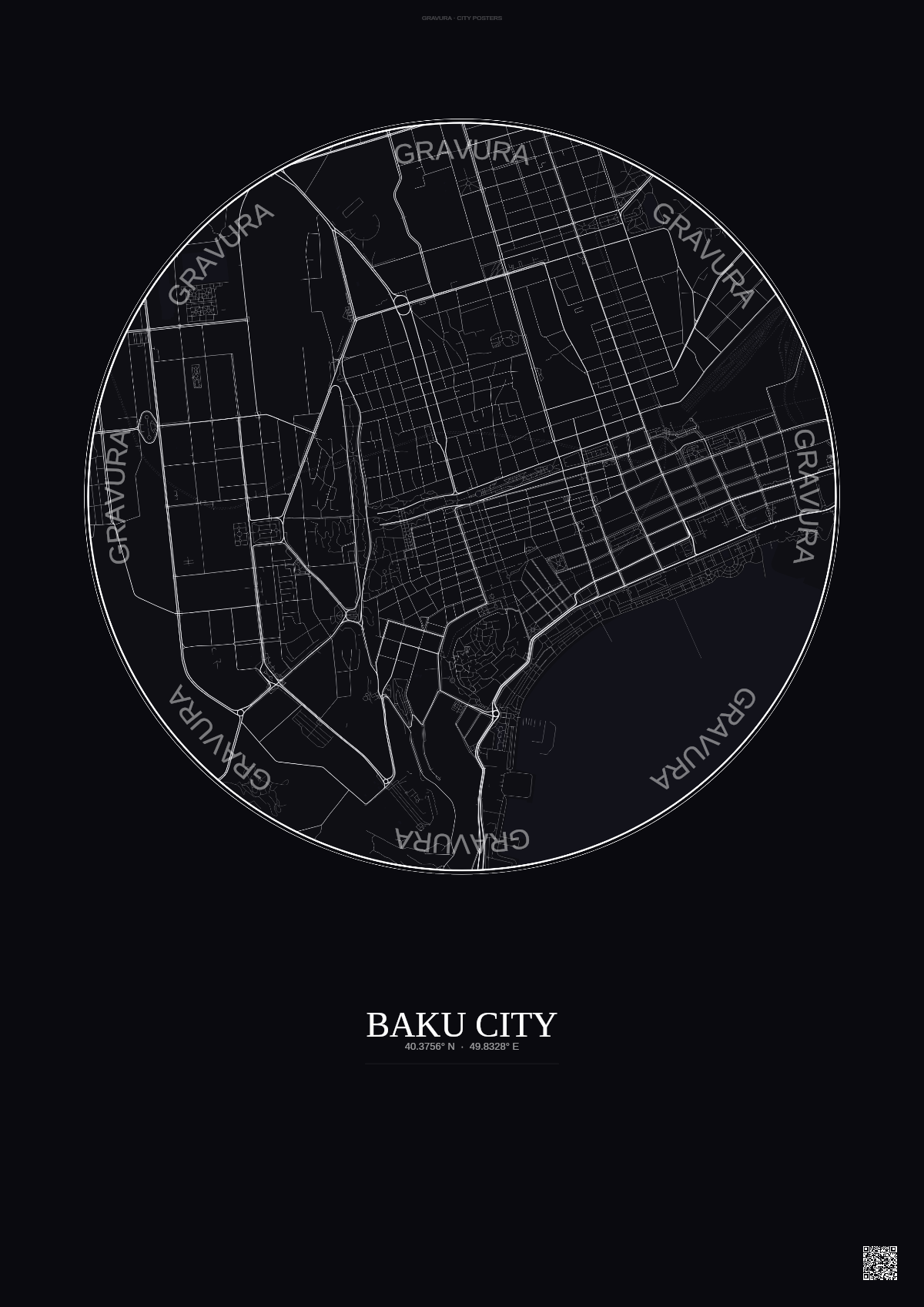 Affiche Baku City – Poster carte de ville | Gravura – Fond foncé