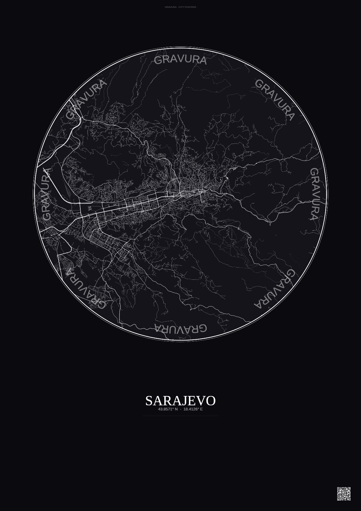 Affiche Sarajevo – Poster carte de ville | Gravura – Fond foncé
