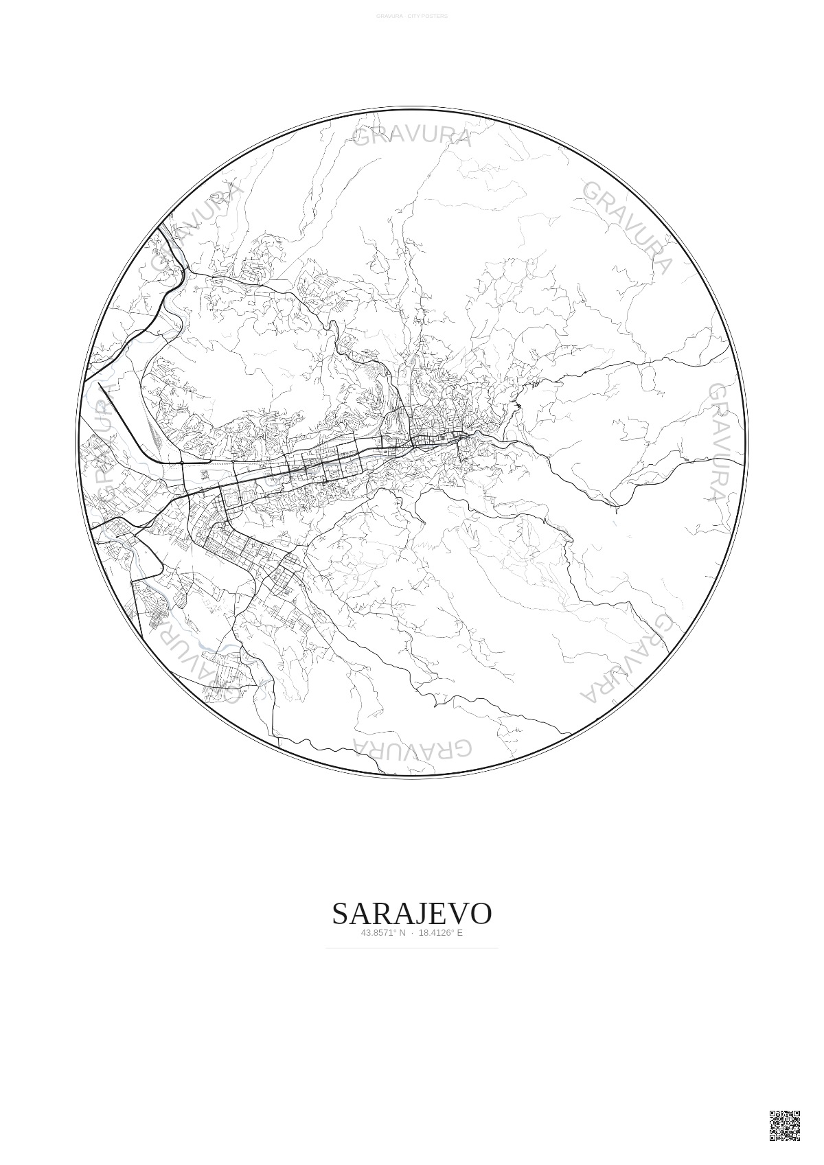 Affiche Sarajevo – Poster carte de ville | Gravura – Fond clair