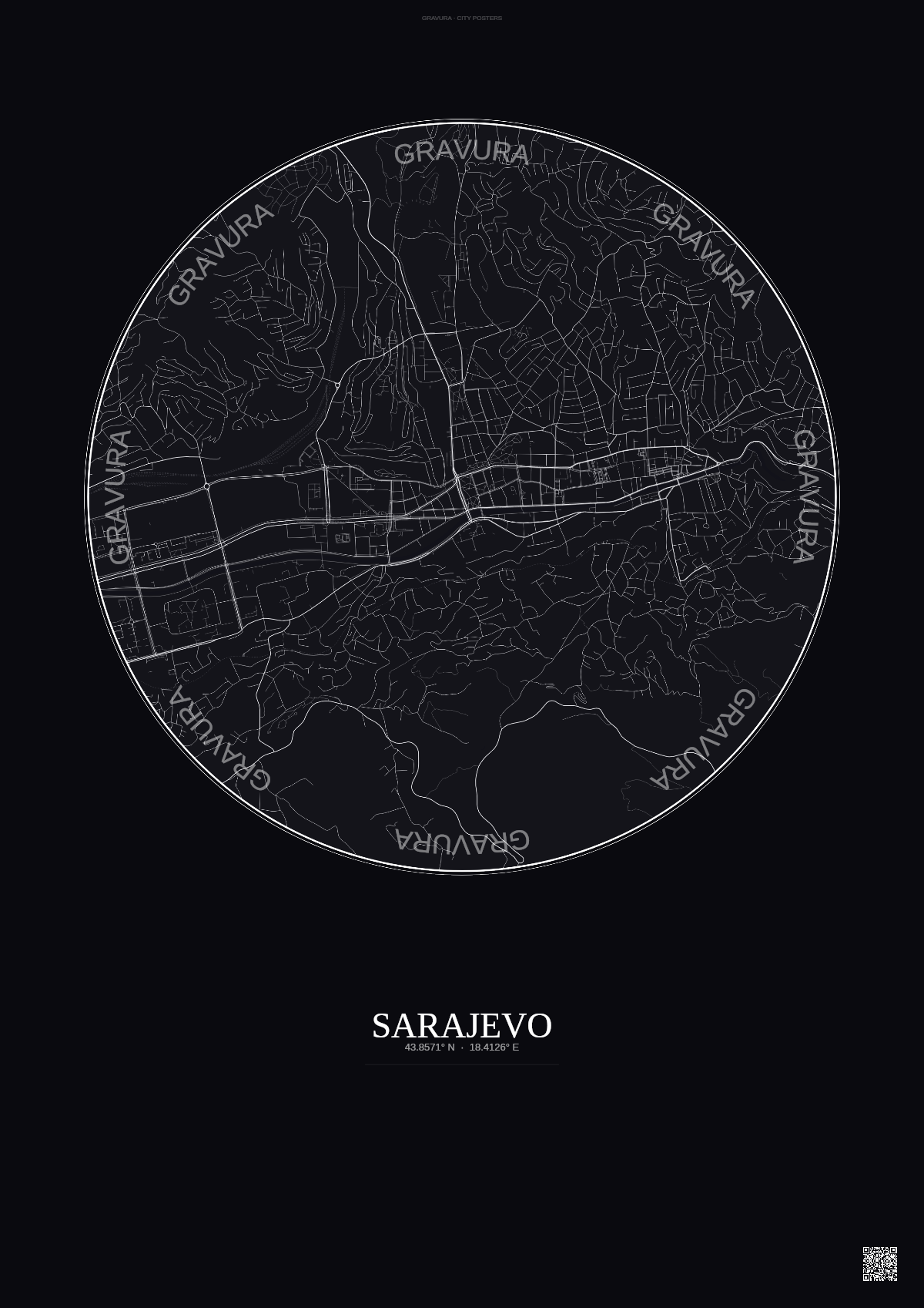 Affiche Sarajevo – Poster carte de ville | Gravura – Fond foncé