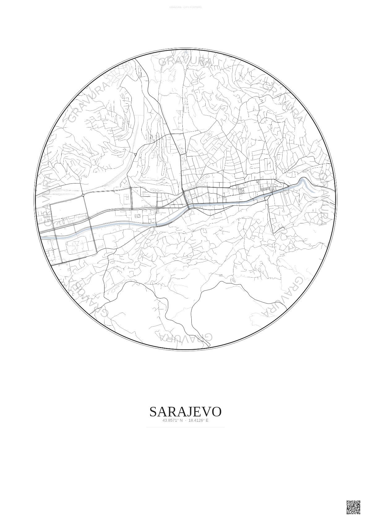 Affiche Sarajevo – Poster carte de ville | Gravura – Fond clair