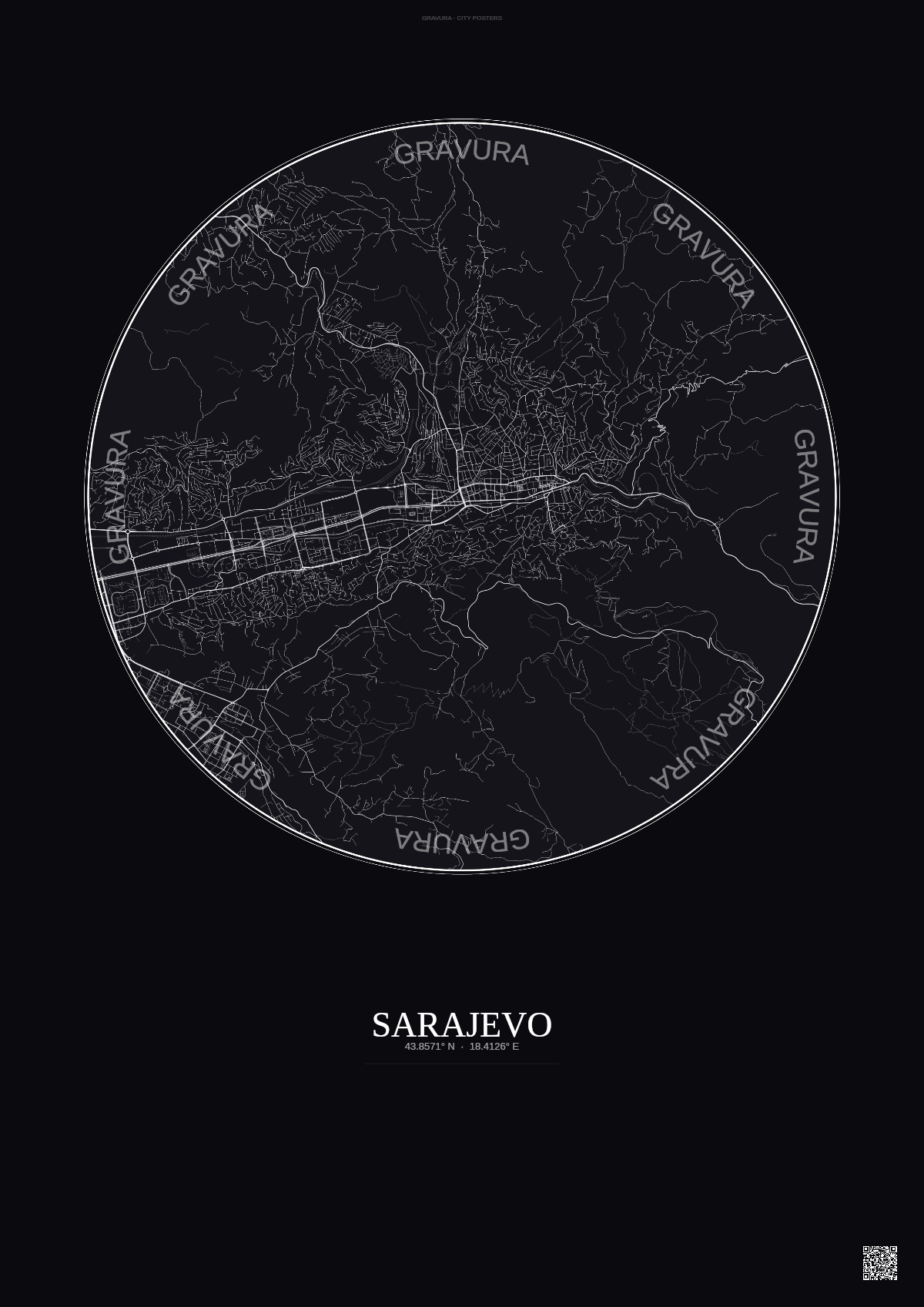 Affiche Sarajevo – Poster carte de ville | Gravura – Fond foncé