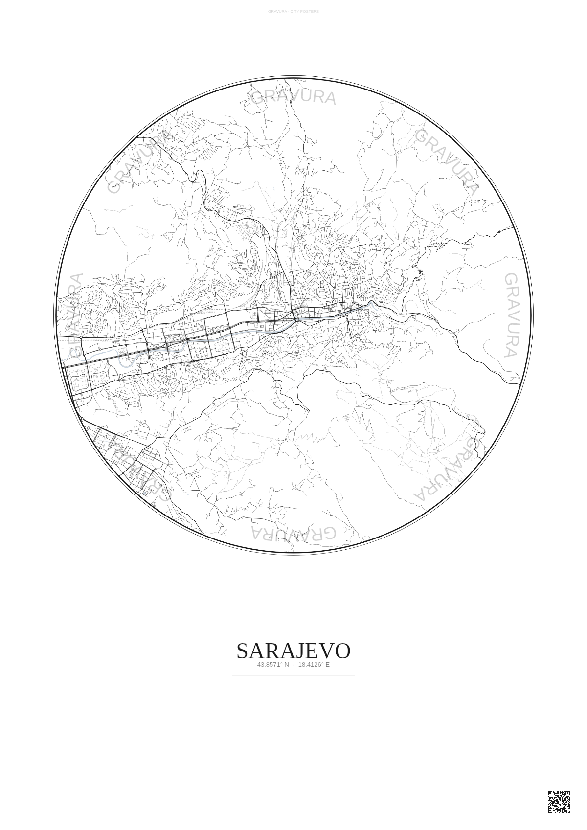 Affiche Sarajevo – Poster carte de ville | Gravura – Fond clair