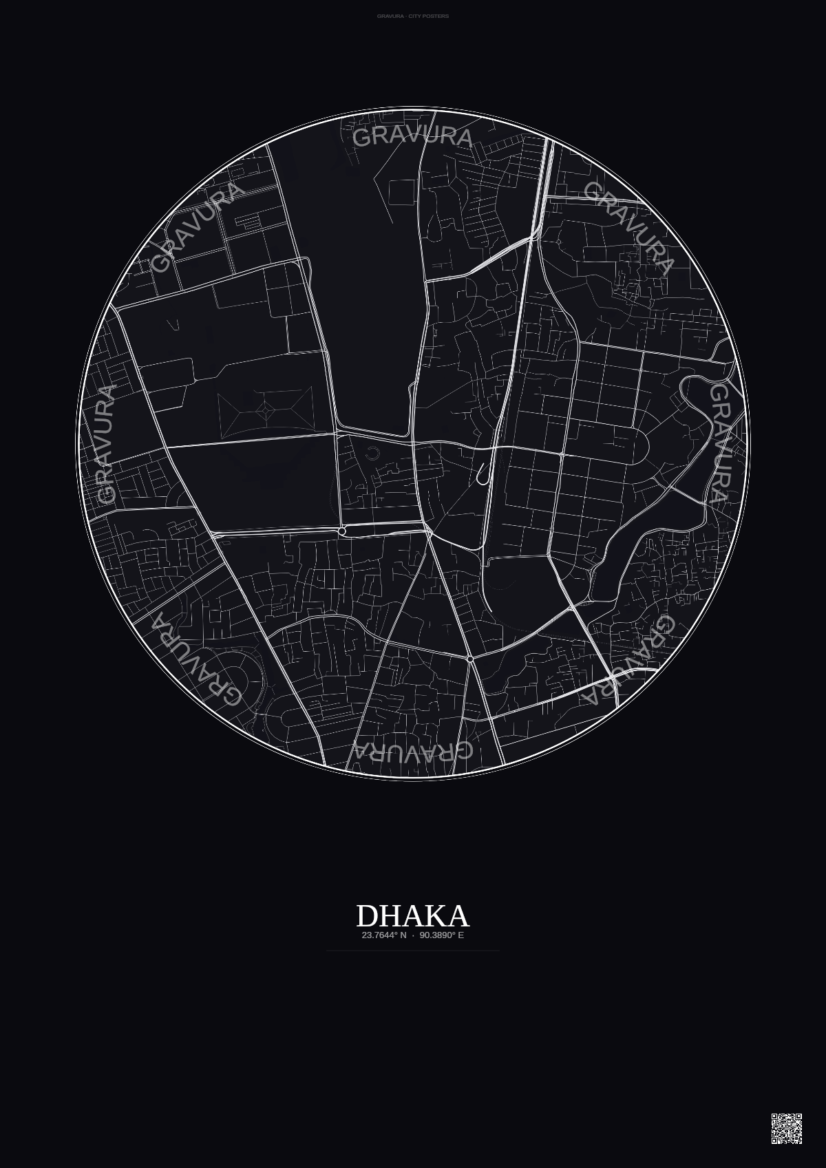 Affiche Dhaka – Poster carte de ville | Gravura – Fond foncé