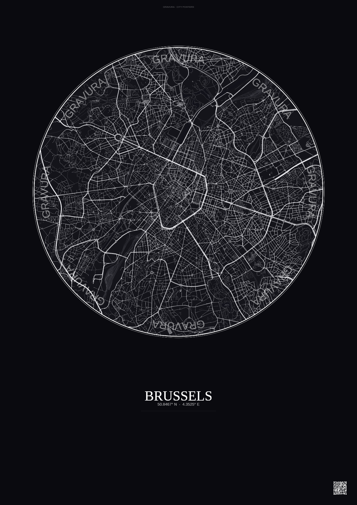Affiche Brussels – Poster carte de ville | Gravura – Fond foncé