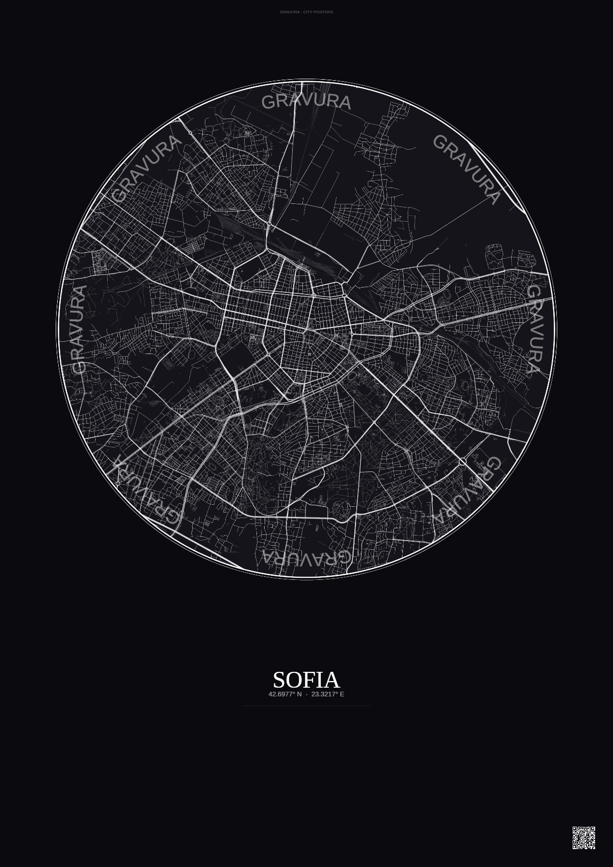 Affiche Sofia – Poster carte de ville | Gravura – Fond foncé